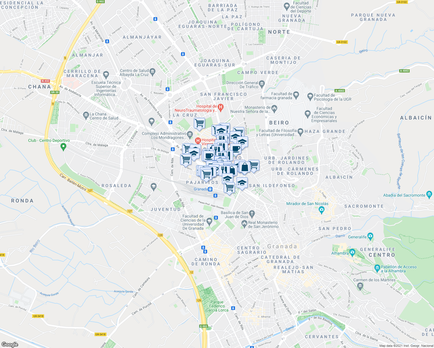 map of restaurants, bars, coffee shops, grocery stores, and more near 29 Avenida de la Constitución in Granada