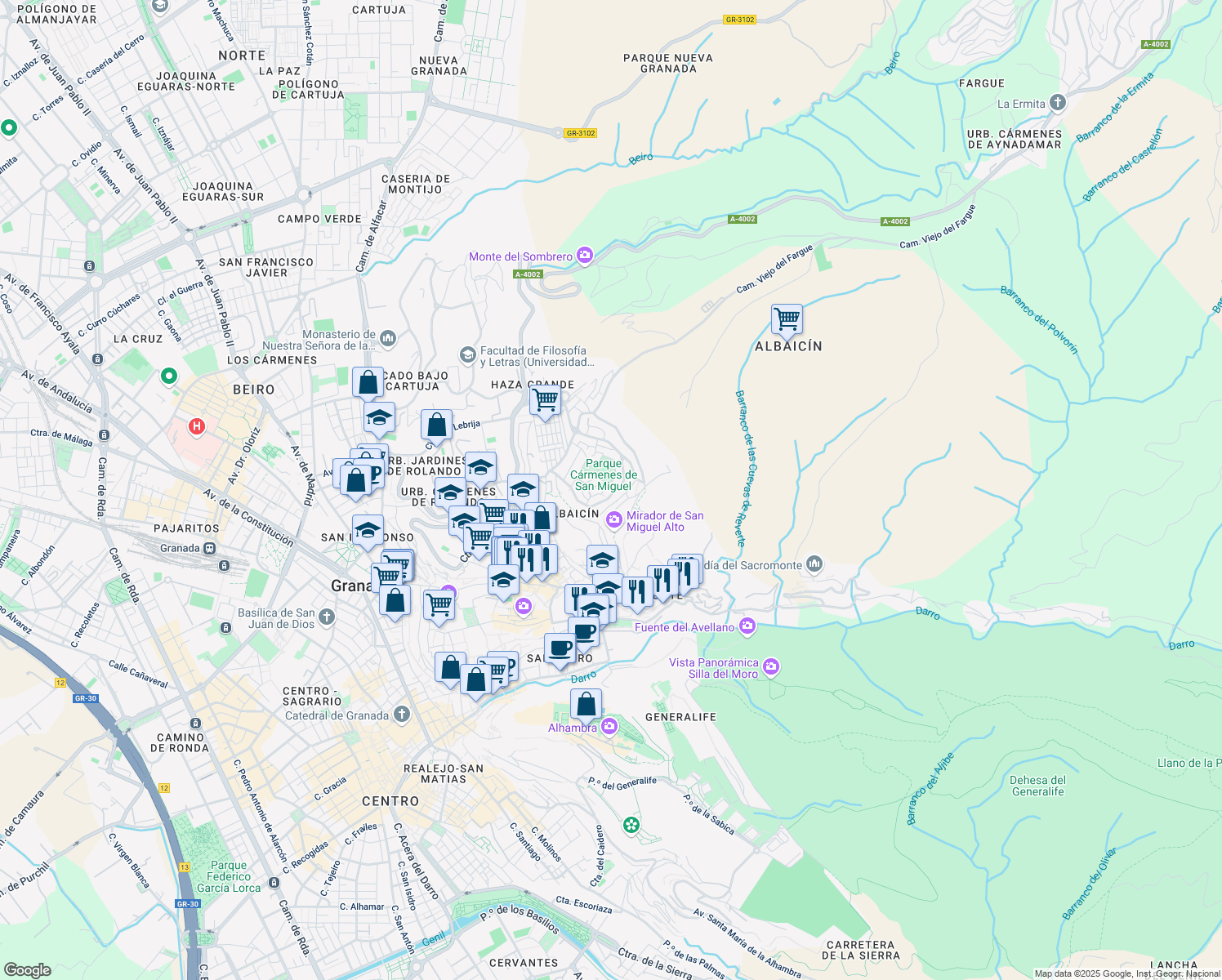 map of restaurants, bars, coffee shops, grocery stores, and more near 31 Calle Alqueria in Granada