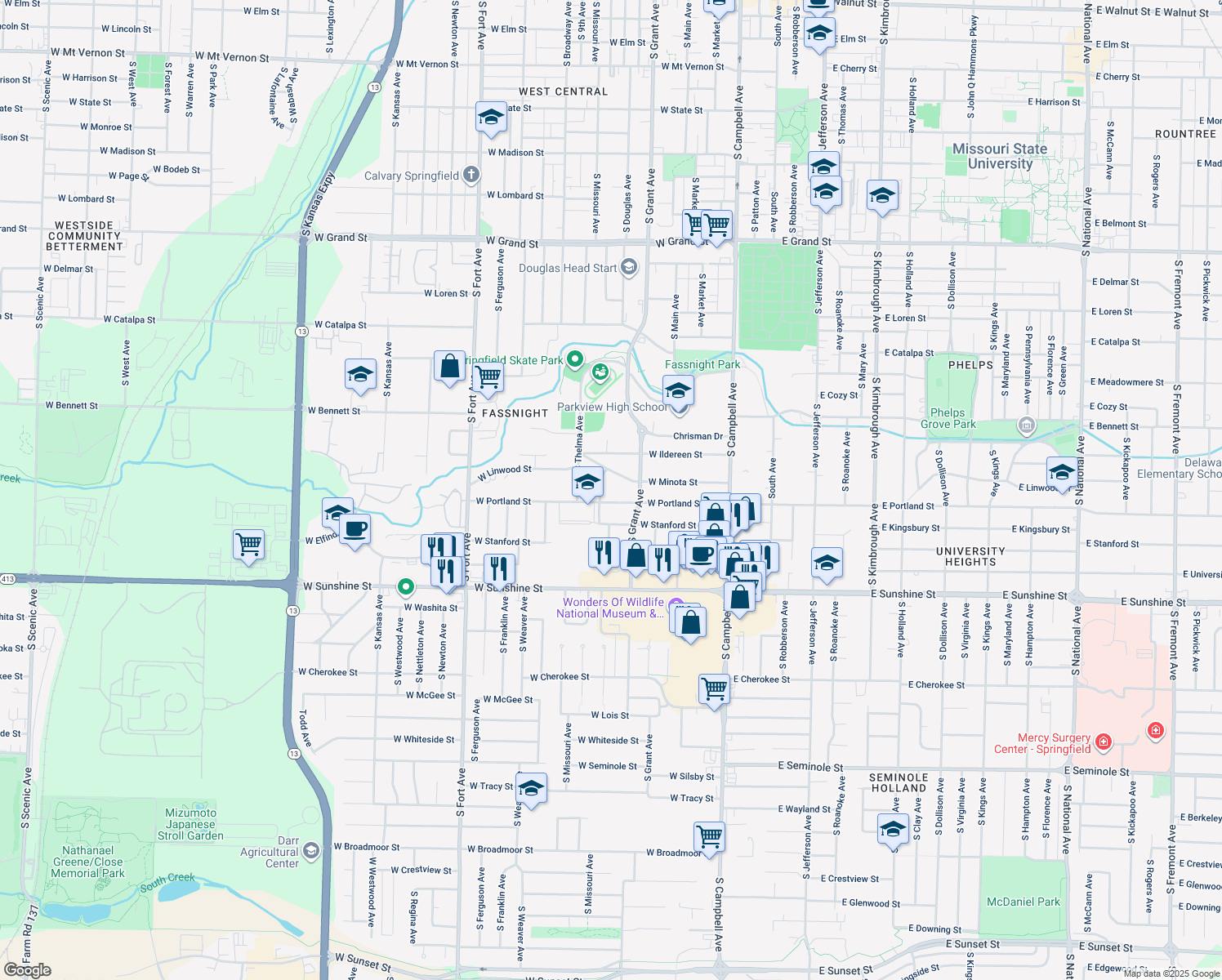 map of restaurants, bars, coffee shops, grocery stores, and more near 1548 S Missouri Ave in Springfield