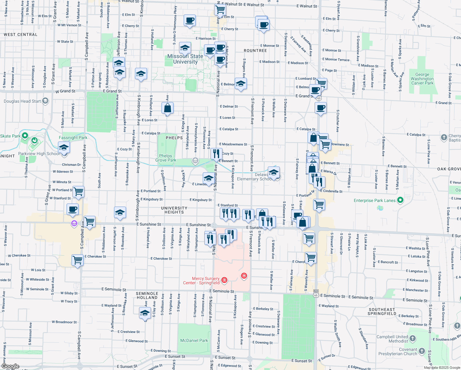 map of restaurants, bars, coffee shops, grocery stores, and more near 1547 South Kickapoo Avenue in Springfield