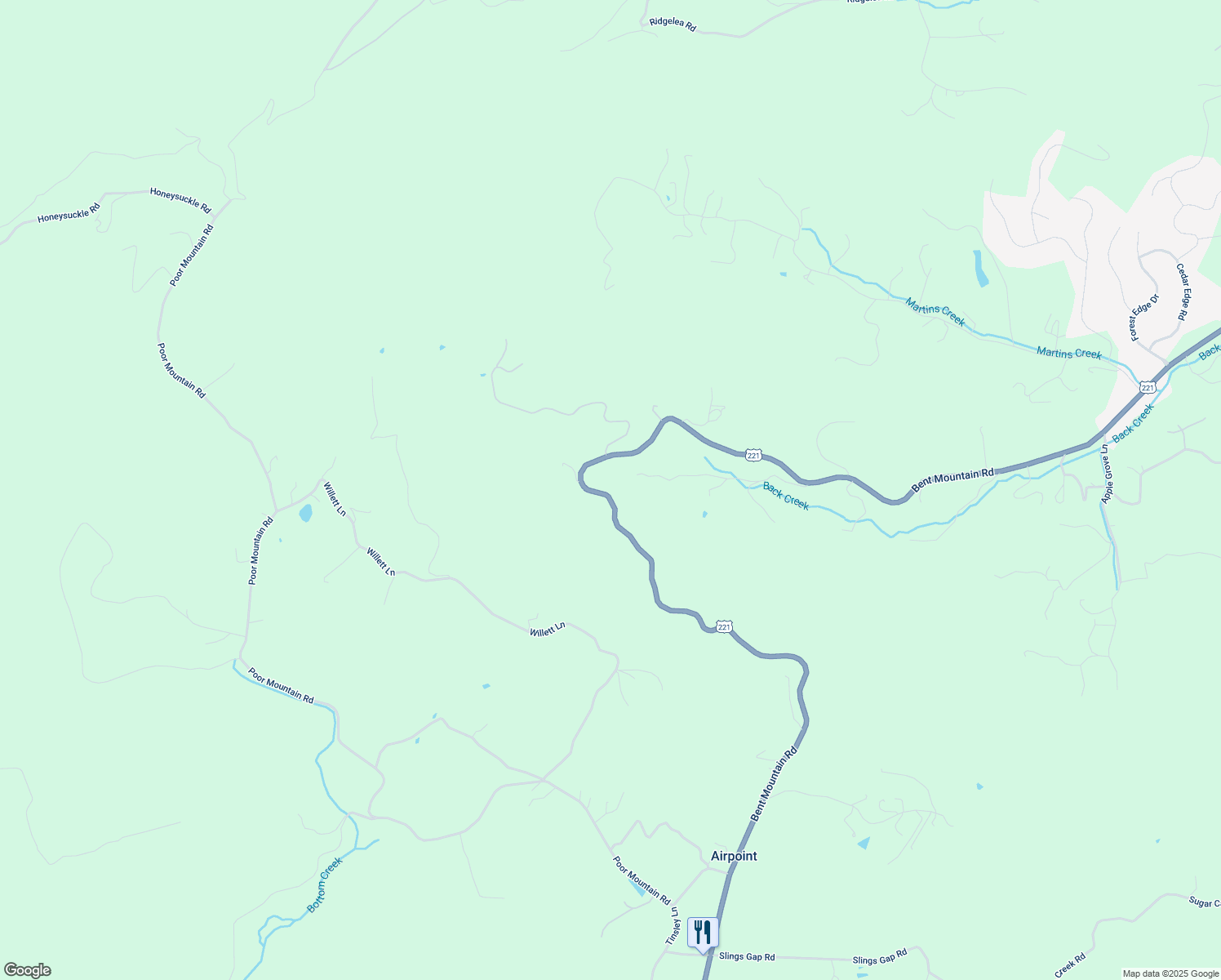 map of restaurants, bars, coffee shops, grocery stores, and more near 8758 Bent Mountain Road in Roanoke