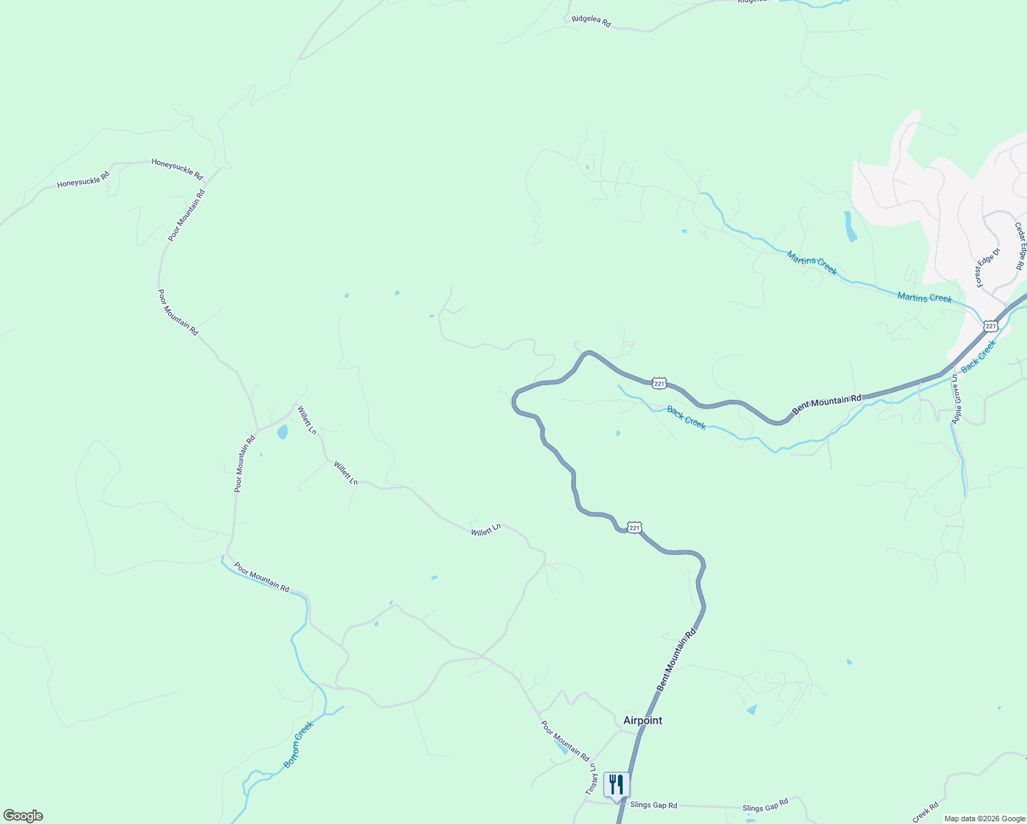 map of restaurants, bars, coffee shops, grocery stores, and more near 8798 Bent Mountain Road in Roanoke