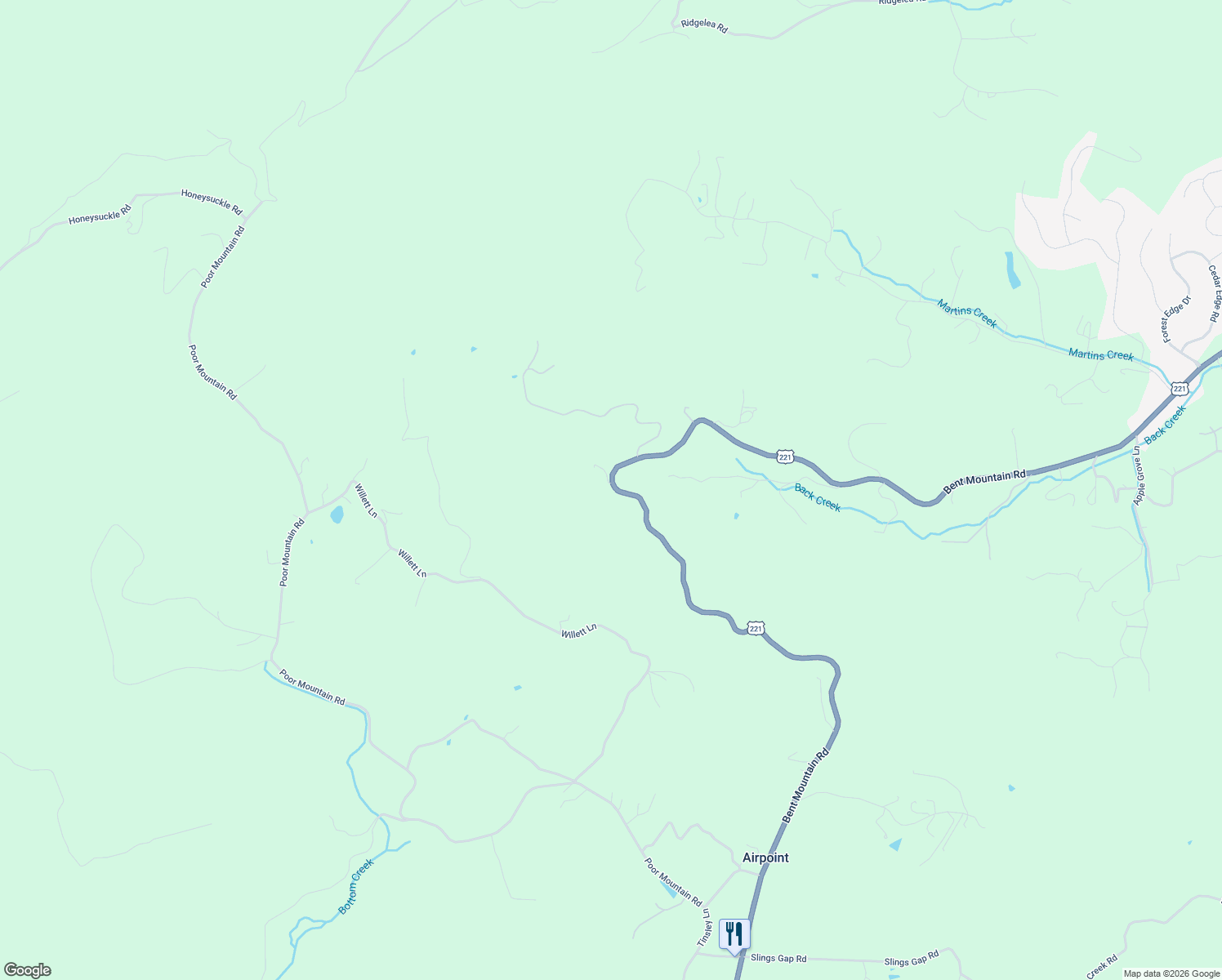 map of restaurants, bars, coffee shops, grocery stores, and more near 8798 Bent Mountain Road in Roanoke
