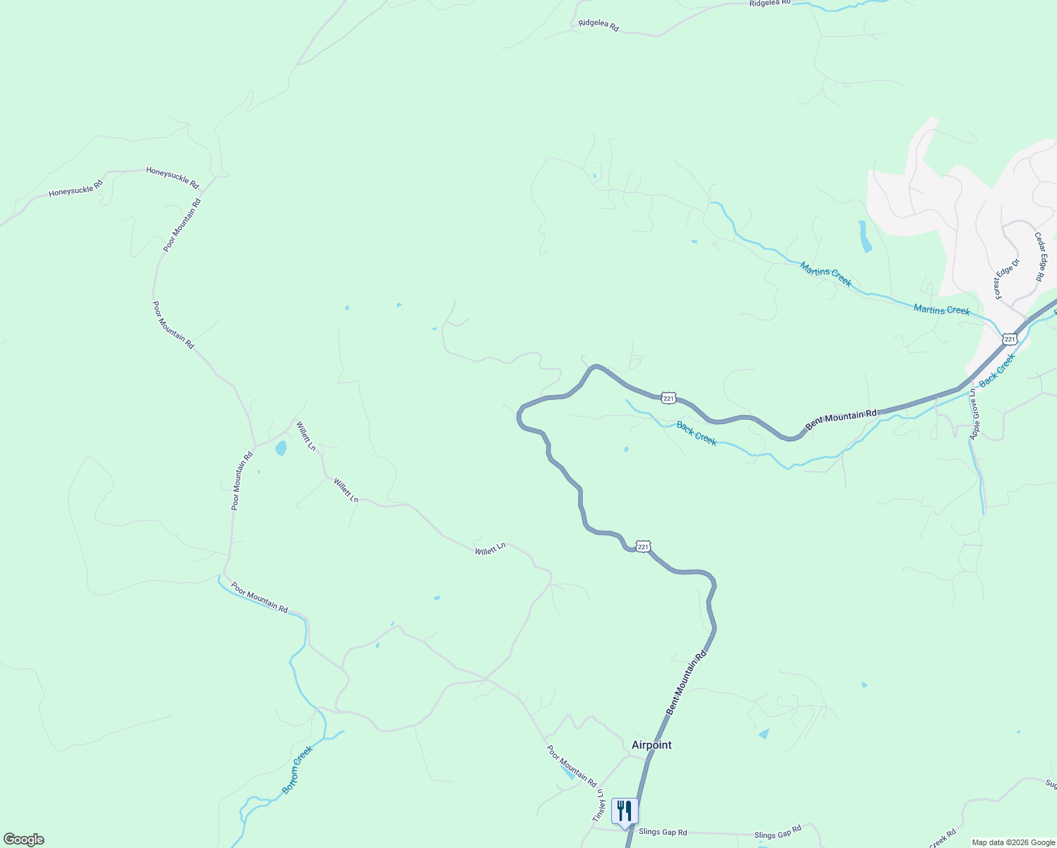 map of restaurants, bars, coffee shops, grocery stores, and more near 8798 Bent Mountain Road in Roanoke