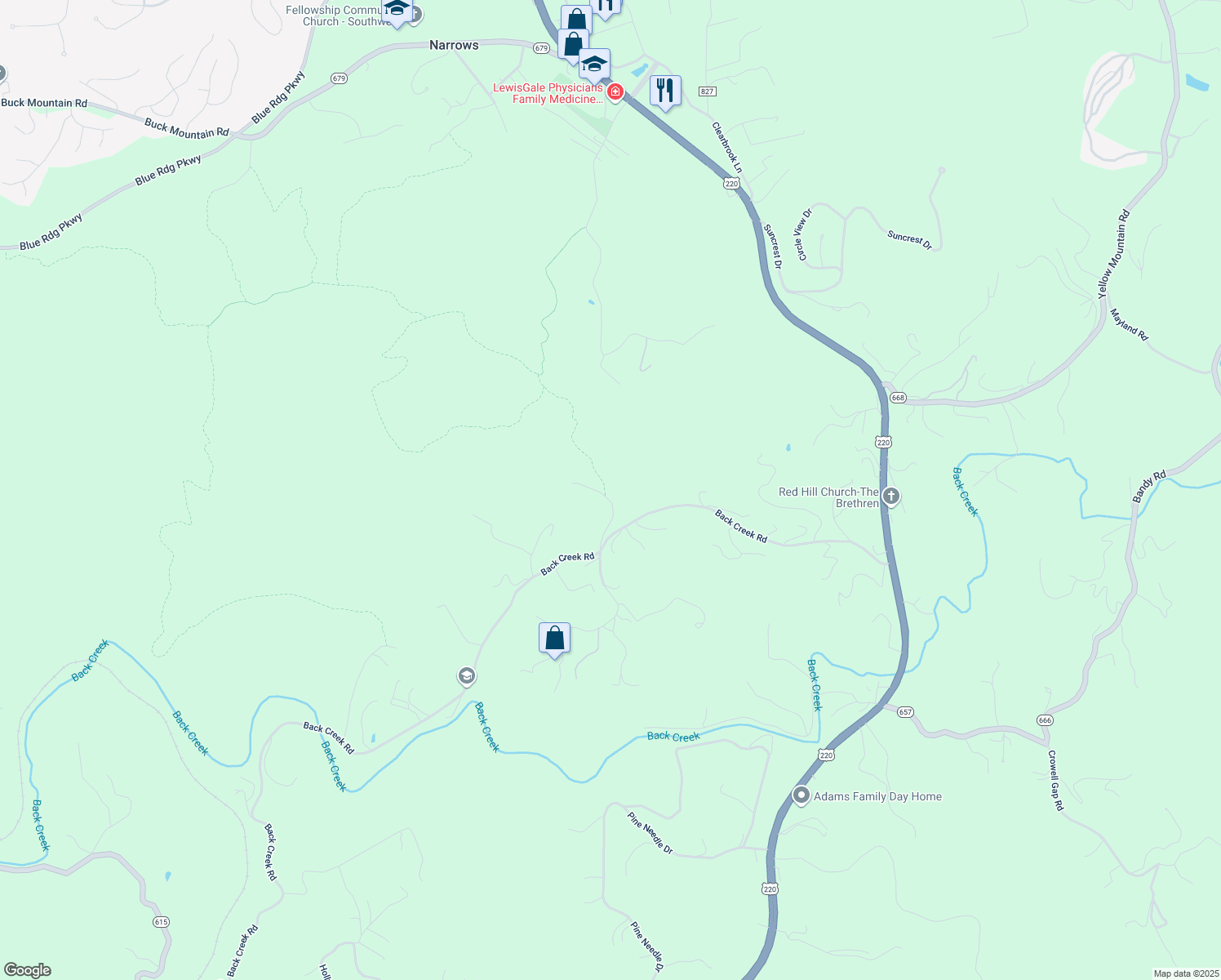 map of restaurants, bars, coffee shops, grocery stores, and more near 6502 South Indian Grave Road in Boones Mill