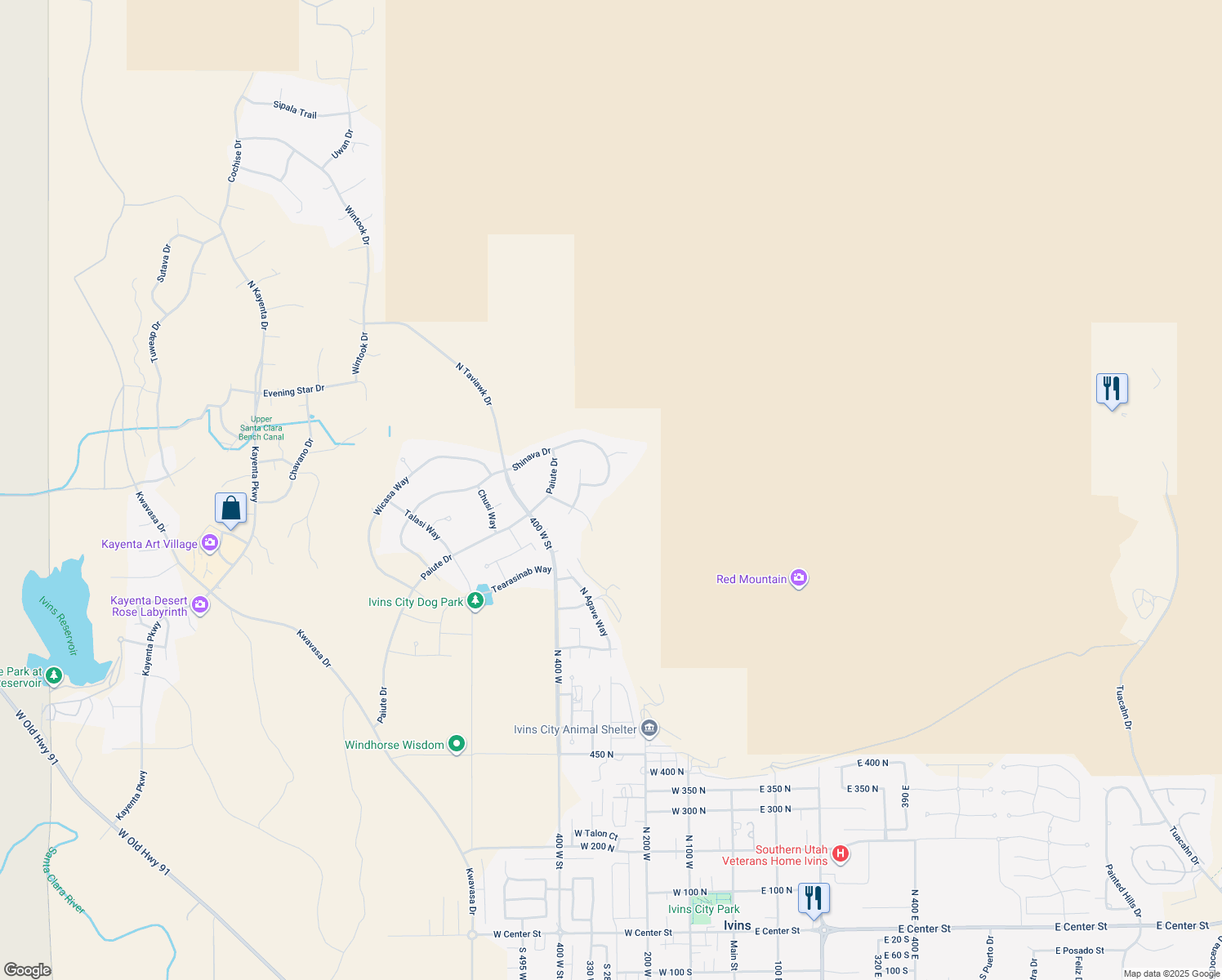 map of restaurants, bars, coffee shops, grocery stores, and more near 283 Shinava Drive in Ivins