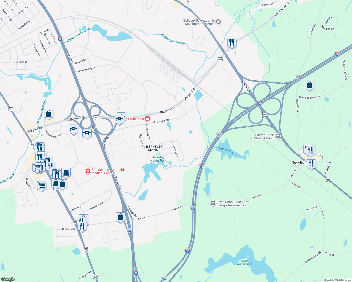 map of restaurants, bars, coffee shops, grocery stores, and more near George Street in Petersburg