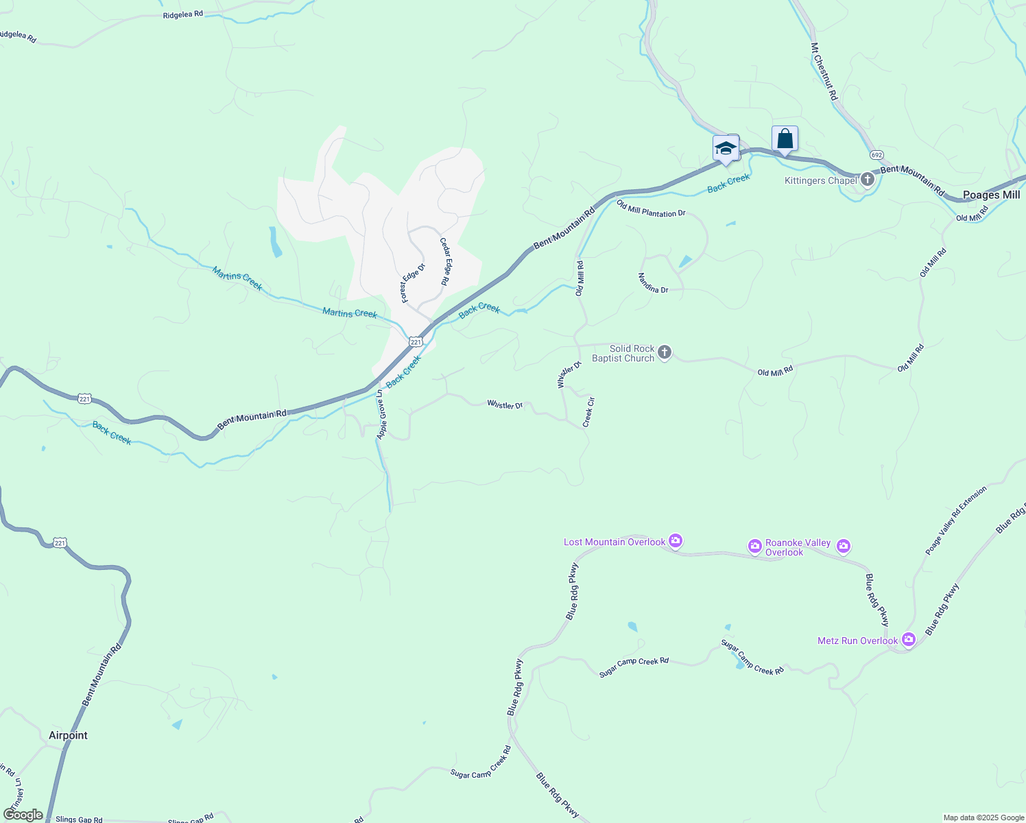 map of restaurants, bars, coffee shops, grocery stores, and more near 7890 Whistler Drive in Roanoke