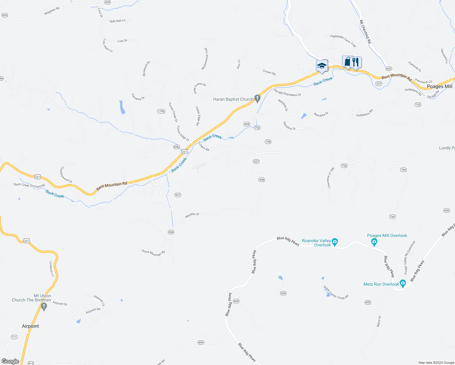 map of restaurants, bars, coffee shops, grocery stores, and more near 7890 Whistler Drive in Roanoke