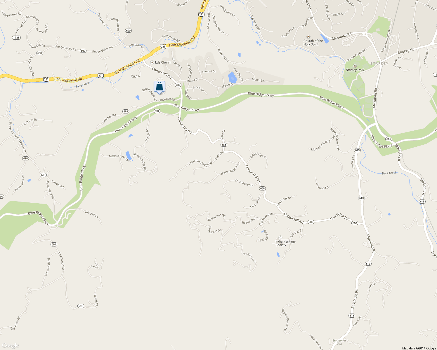 map of restaurants, bars, coffee shops, grocery stores, and more near 7152 Mason Knob Trail in Roanoke