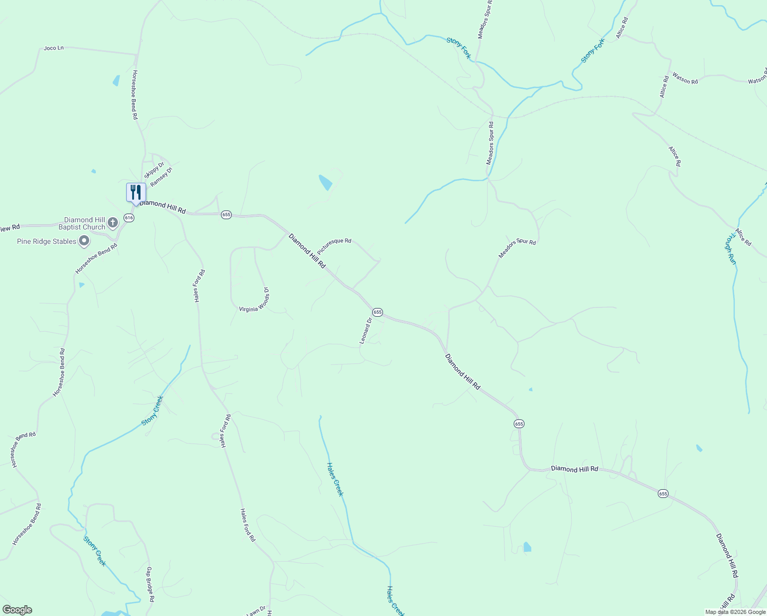 map of restaurants, bars, coffee shops, grocery stores, and more near 2250 Diamond Hill Road in Moneta