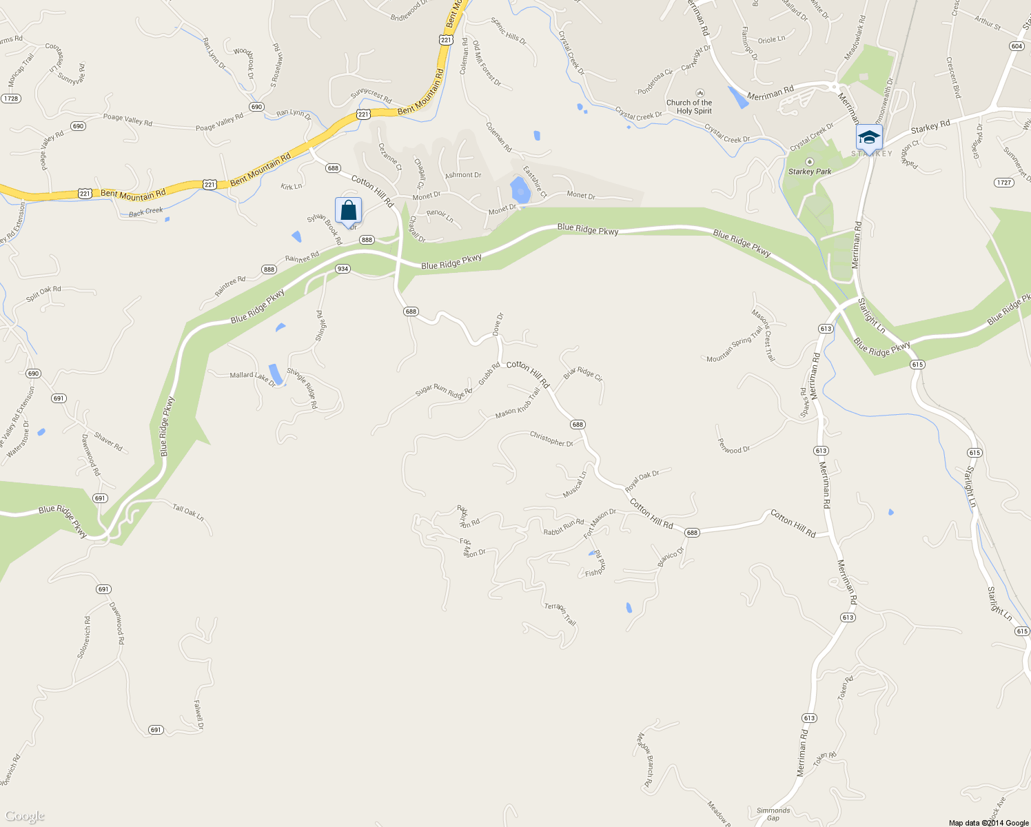 map of restaurants, bars, coffee shops, grocery stores, and more near 6813-6821 Mason Knob Trail in Roanoke