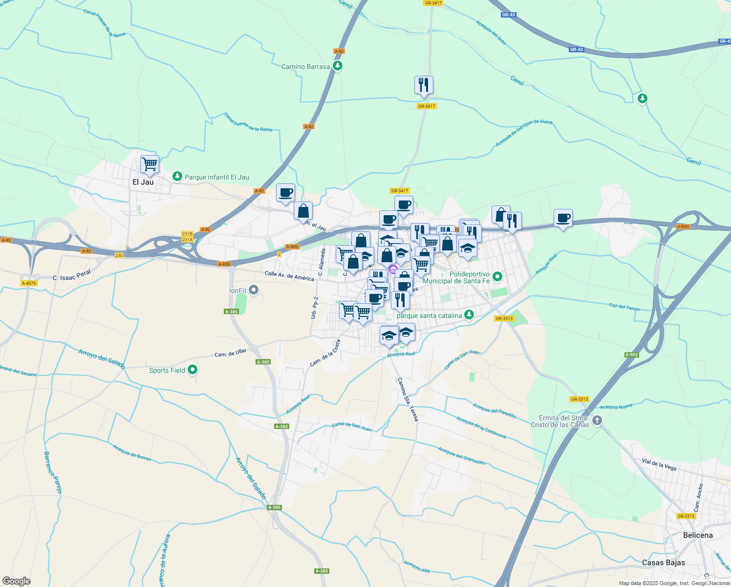 map of restaurants, bars, coffee shops, grocery stores, and more near 28 Calle Rosa in Santa Fe