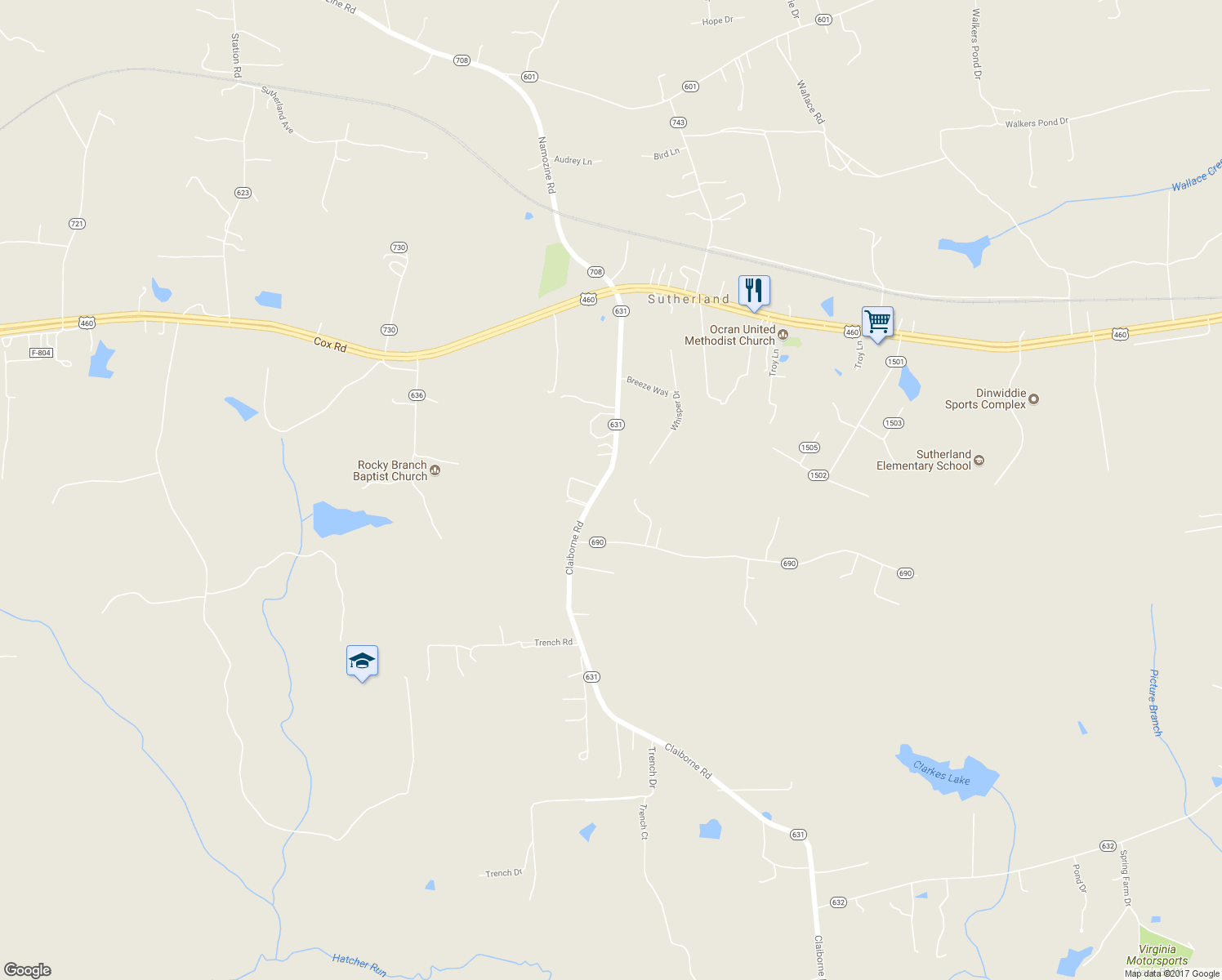 map of restaurants, bars, coffee shops, grocery stores, and more near 6105 Claiborne Road in Sutherland