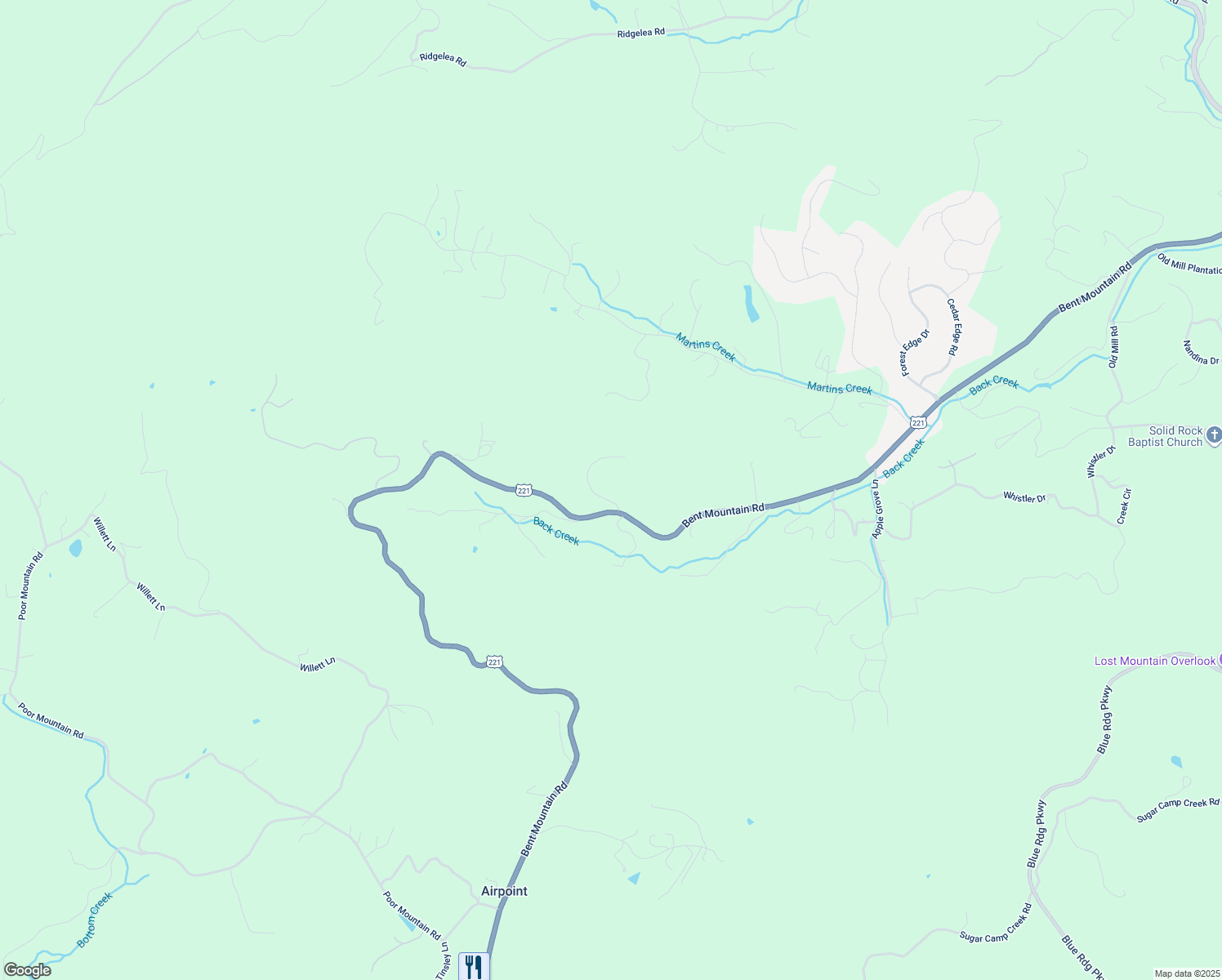 map of restaurants, bars, coffee shops, grocery stores, and more near 7529 Countrywood Drive in Roanoke