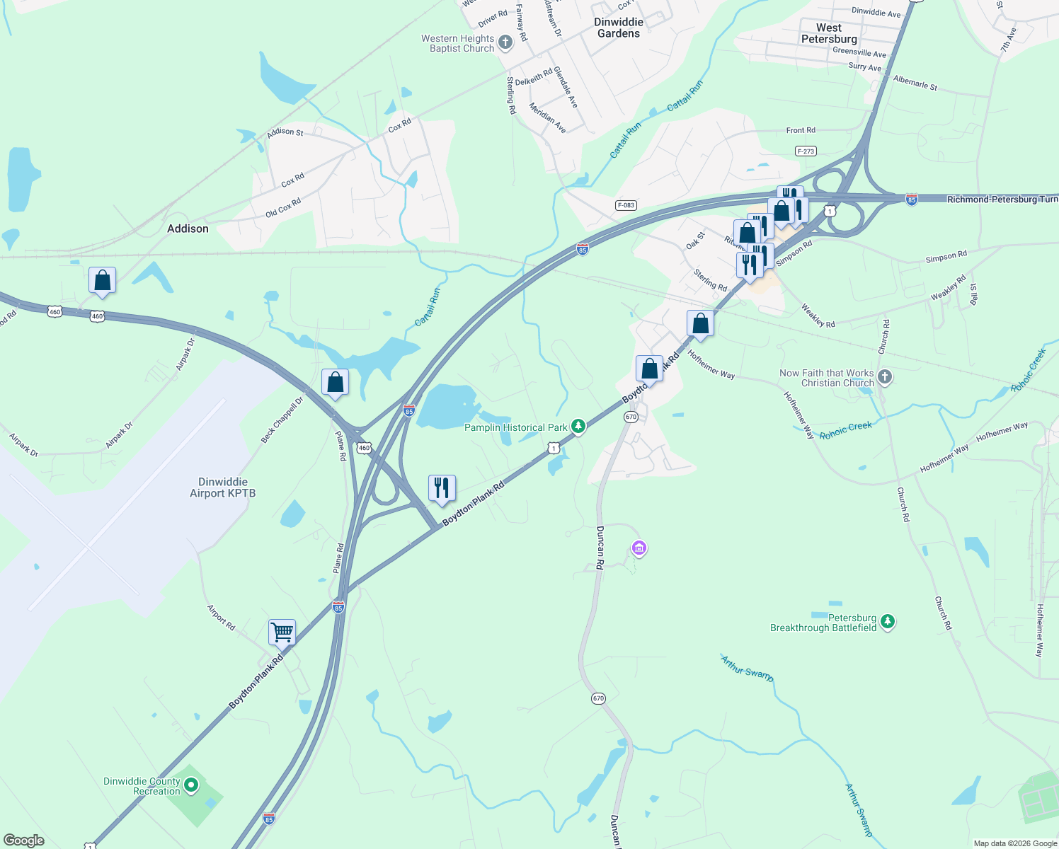map of restaurants, bars, coffee shops, grocery stores, and more near 6106 Lewis Road in Petersburg