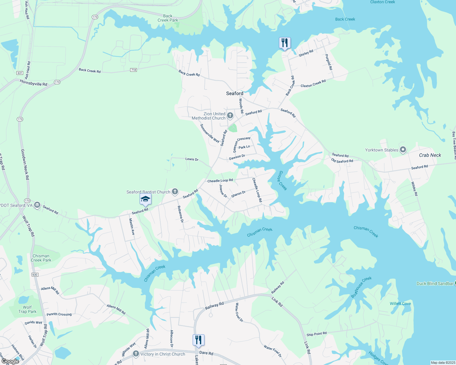 map of restaurants, bars, coffee shops, grocery stores, and more near 621 Cheadle Loop Road in Seaford