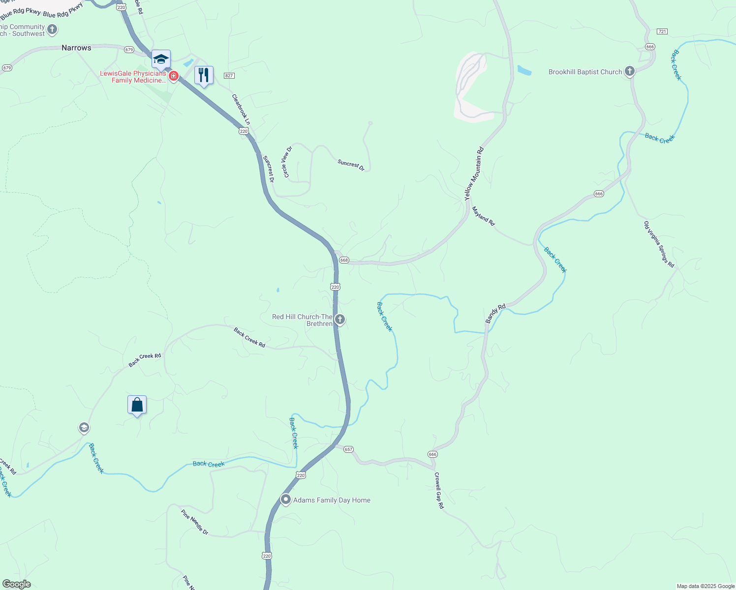 map of restaurants, bars, coffee shops, grocery stores, and more near 5672 Yellow Mountain Road in Roanoke