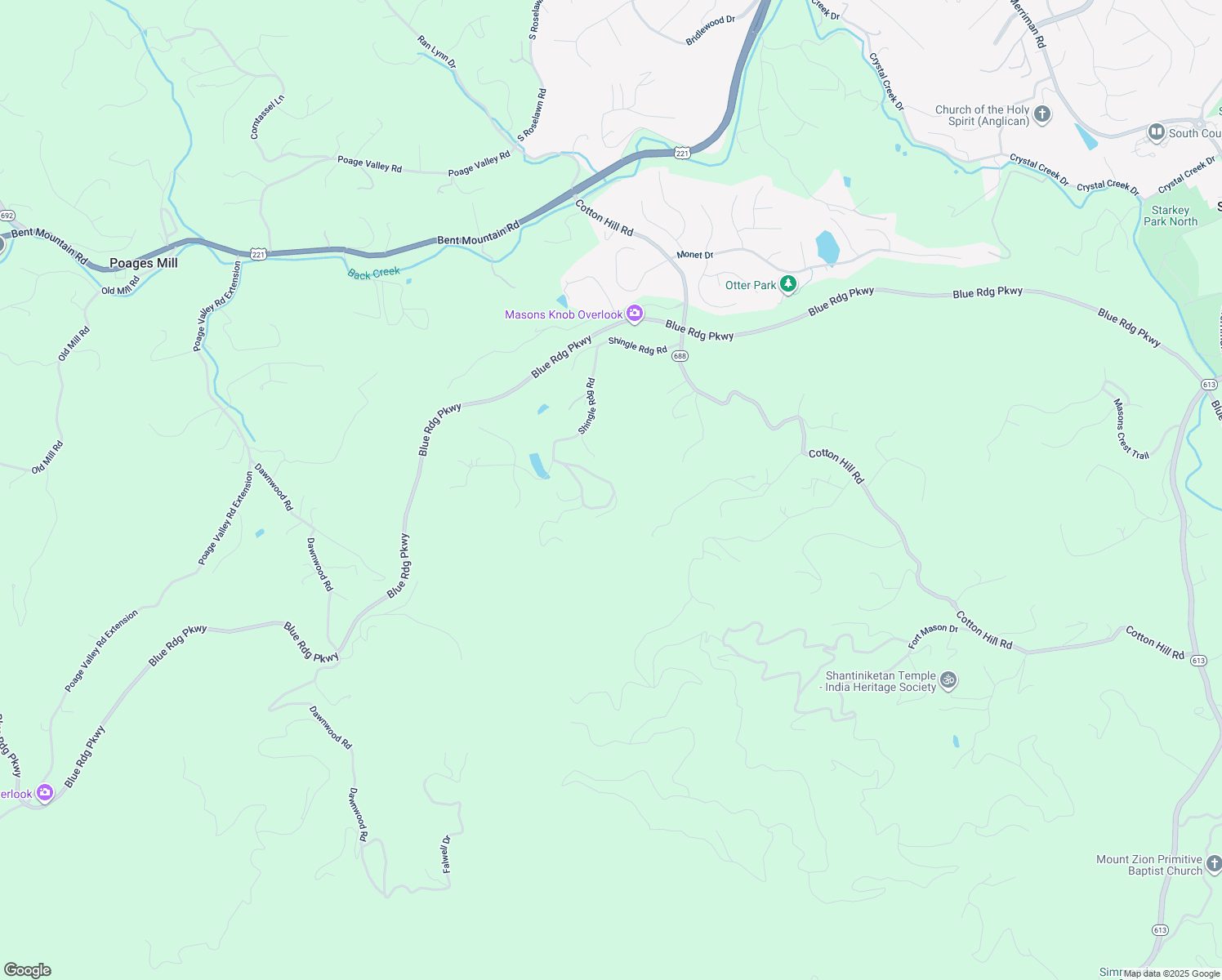map of restaurants, bars, coffee shops, grocery stores, and more near 6763 Shingle Ridge Road in Roanoke