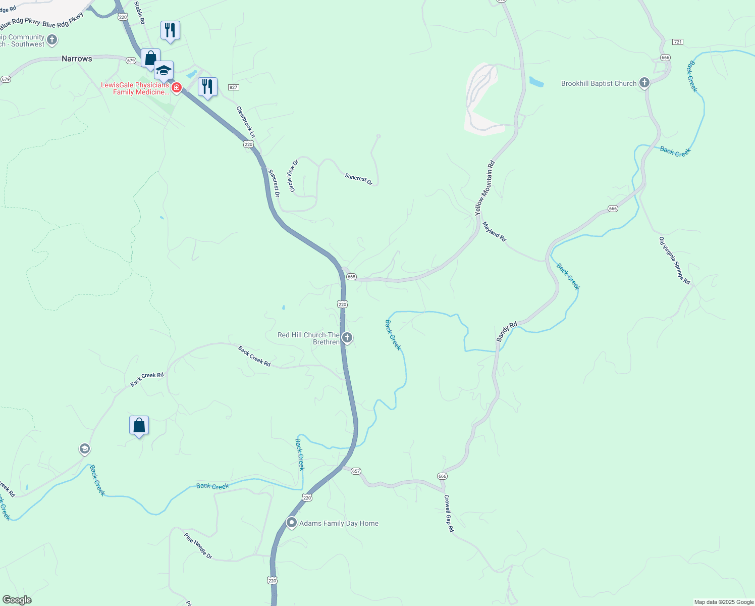 map of restaurants, bars, coffee shops, grocery stores, and more near 5672 Yellow Mountain Road in Roanoke