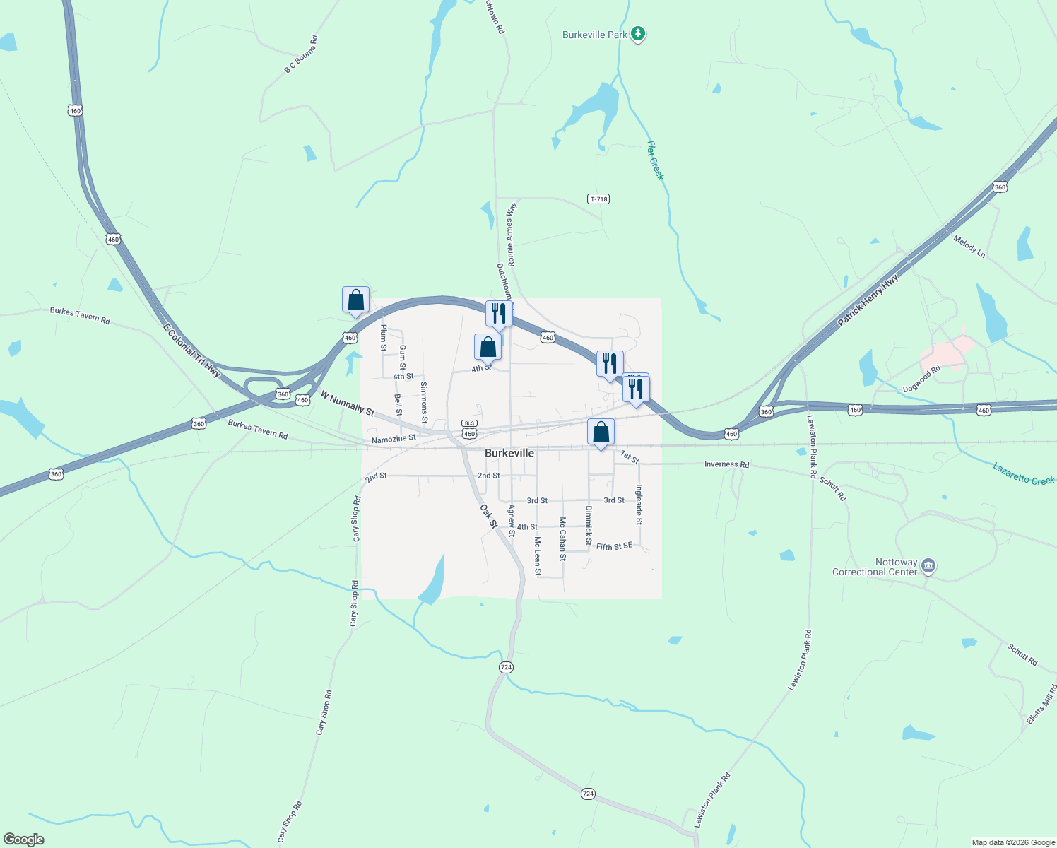 map of restaurants, bars, coffee shops, grocery stores, and more near 102 2nd Street in Burkeville