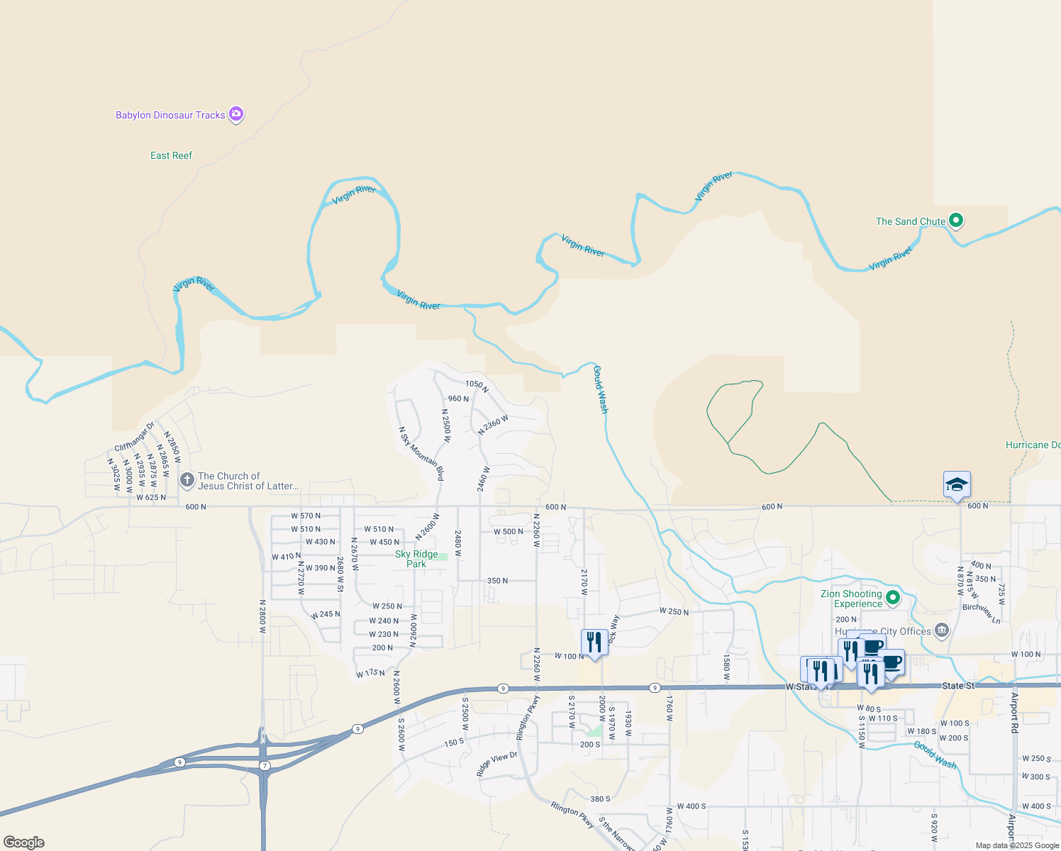 map of restaurants, bars, coffee shops, grocery stores, and more near 2287 West 1050 North in Hurricane