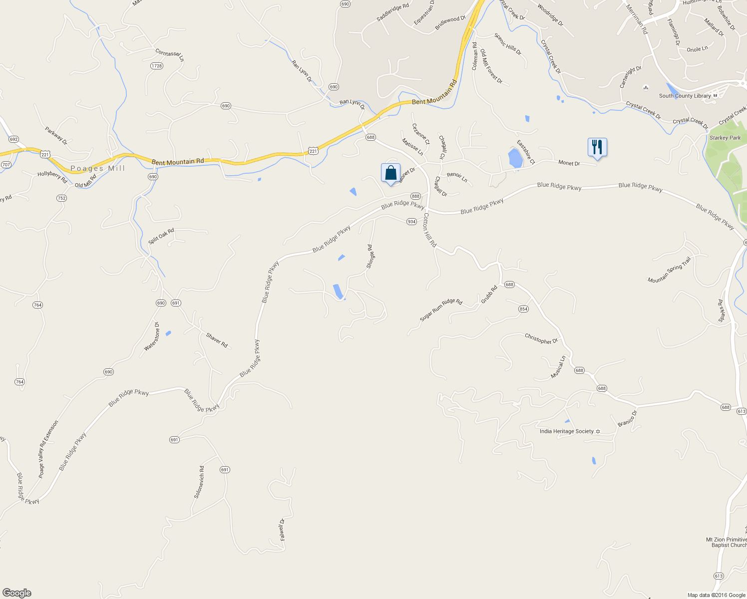 map of restaurants, bars, coffee shops, grocery stores, and more near 6700 Shingle Ridge Road in Roanoke