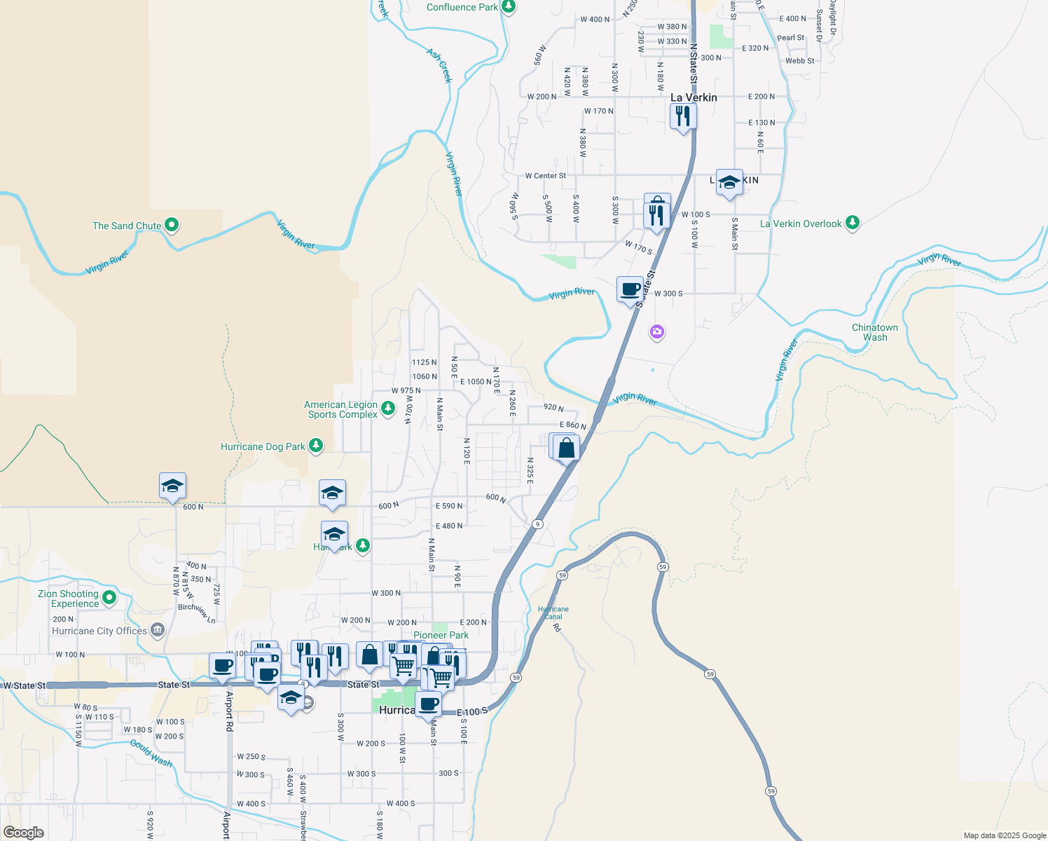 map of restaurants, bars, coffee shops, grocery stores, and more near 861 North 300 East in Hurricane