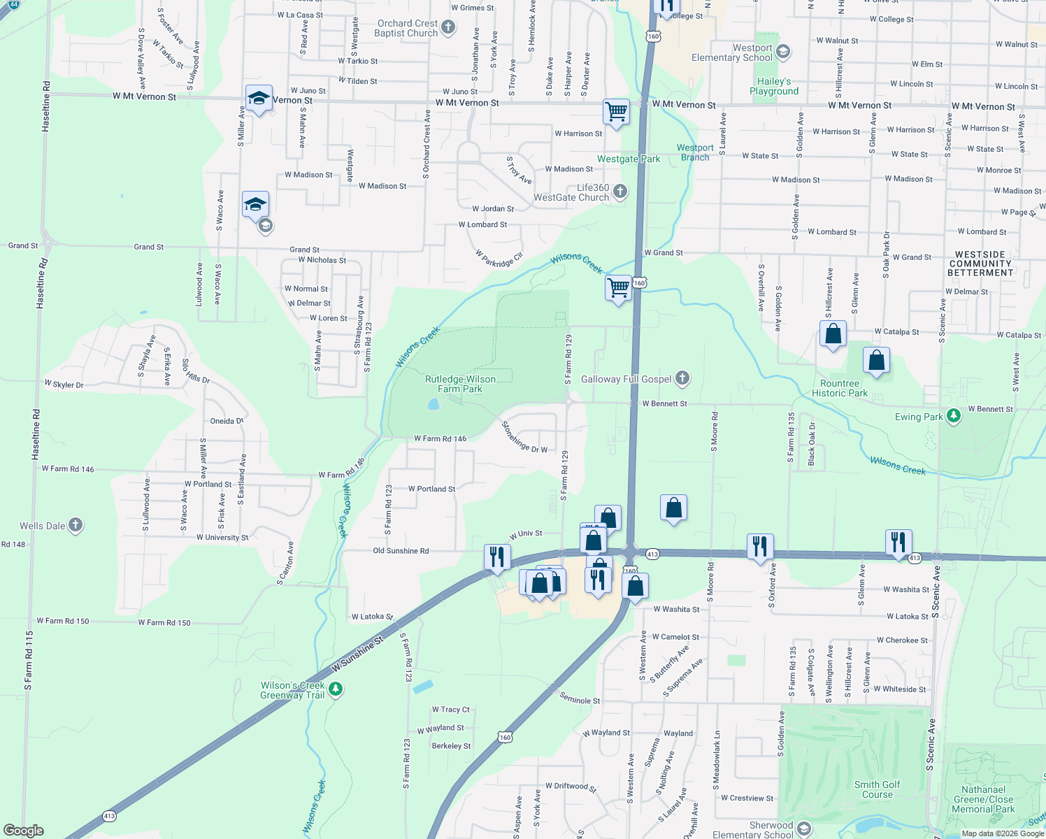 map of restaurants, bars, coffee shops, grocery stores, and more near 3776 Cobblefield Street West in Springfield