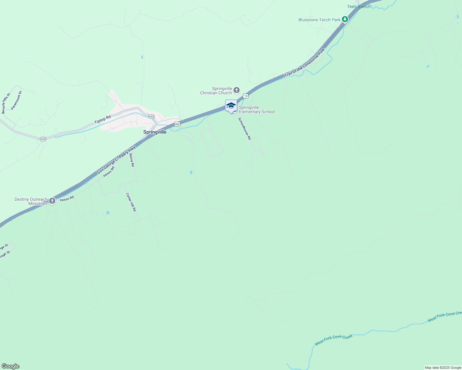 map of restaurants, bars, coffee shops, grocery stores, and more near 526 Schoolhouse Road in Springville