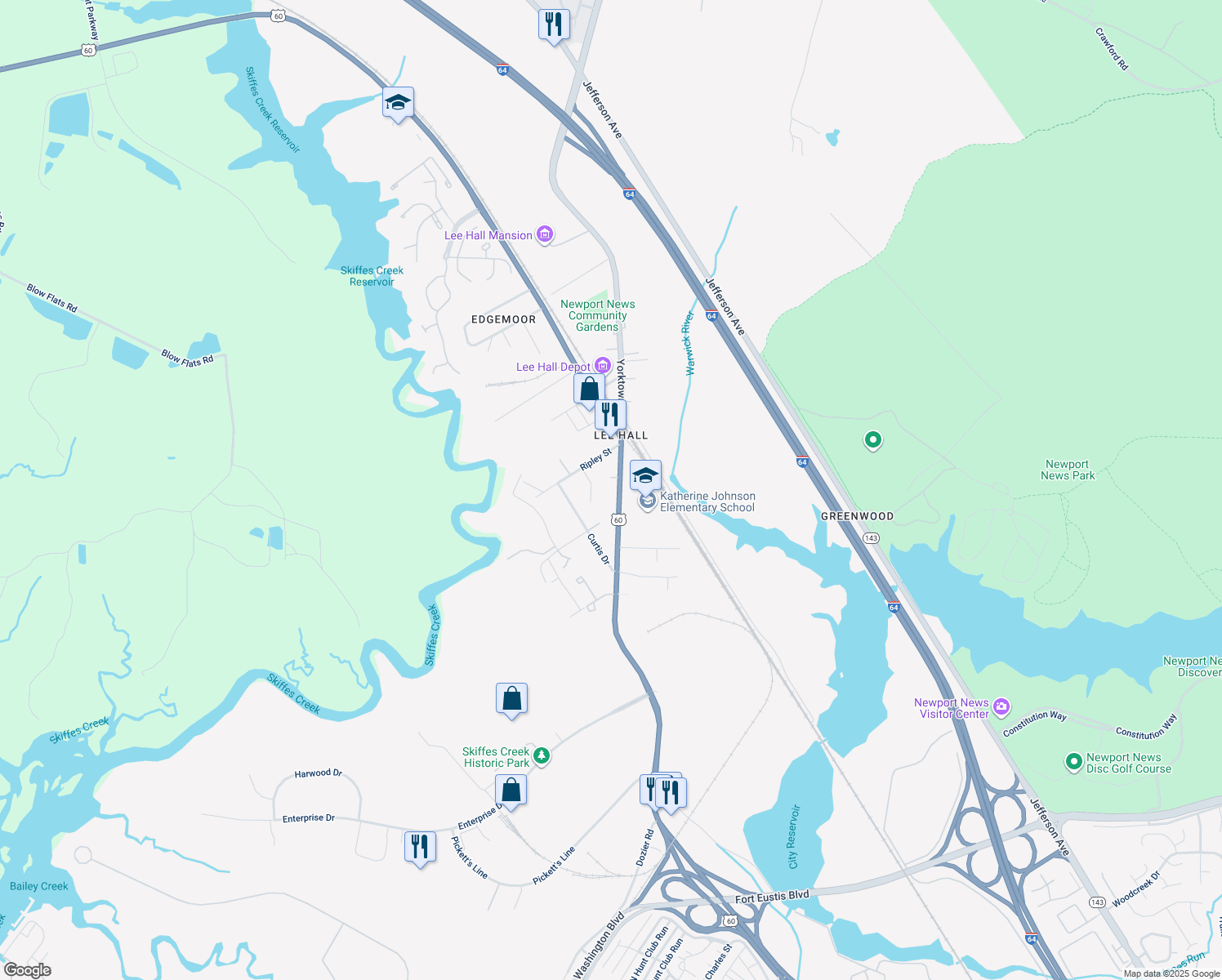 map of restaurants, bars, coffee shops, grocery stores, and more near 17359 Warwick Blvd in Newport News