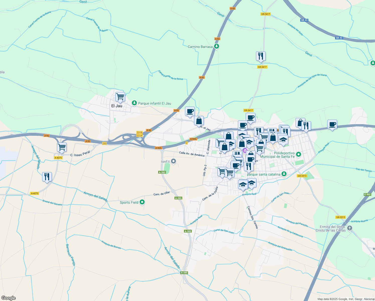 map of restaurants, bars, coffee shops, grocery stores, and more near 20 Calle Avenida de América in Santa Fe