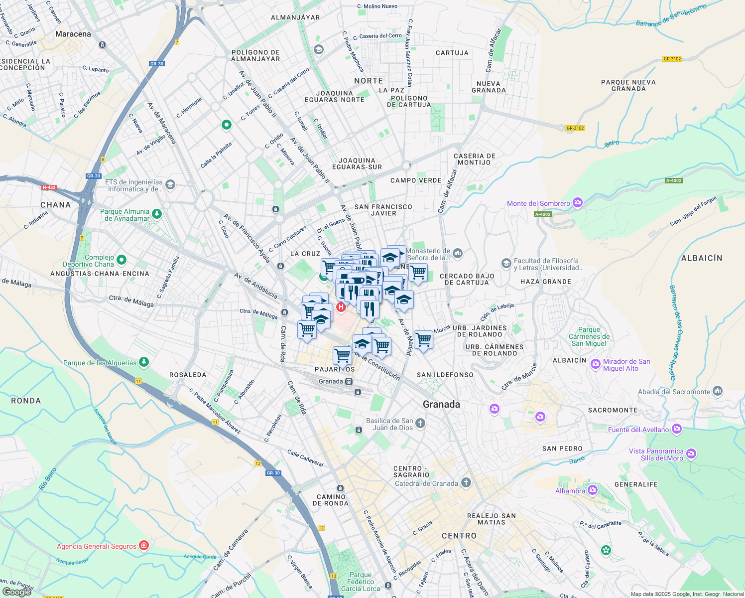 map of restaurants, bars, coffee shops, grocery stores, and more near 4 Calle Doctor Marañón in Granada