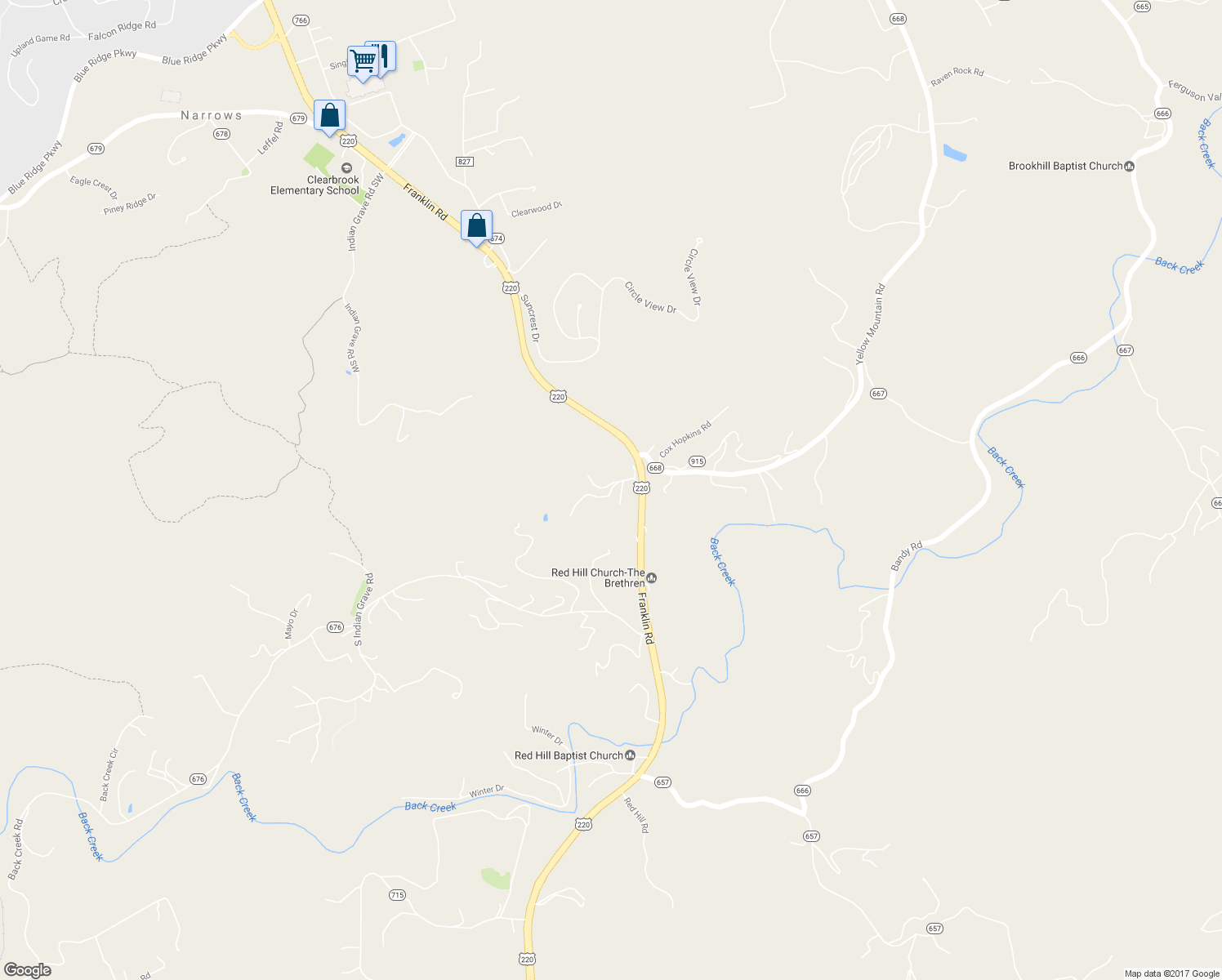 map of restaurants, bars, coffee shops, grocery stores, and more near 5941 Brethren Road in Roanoke