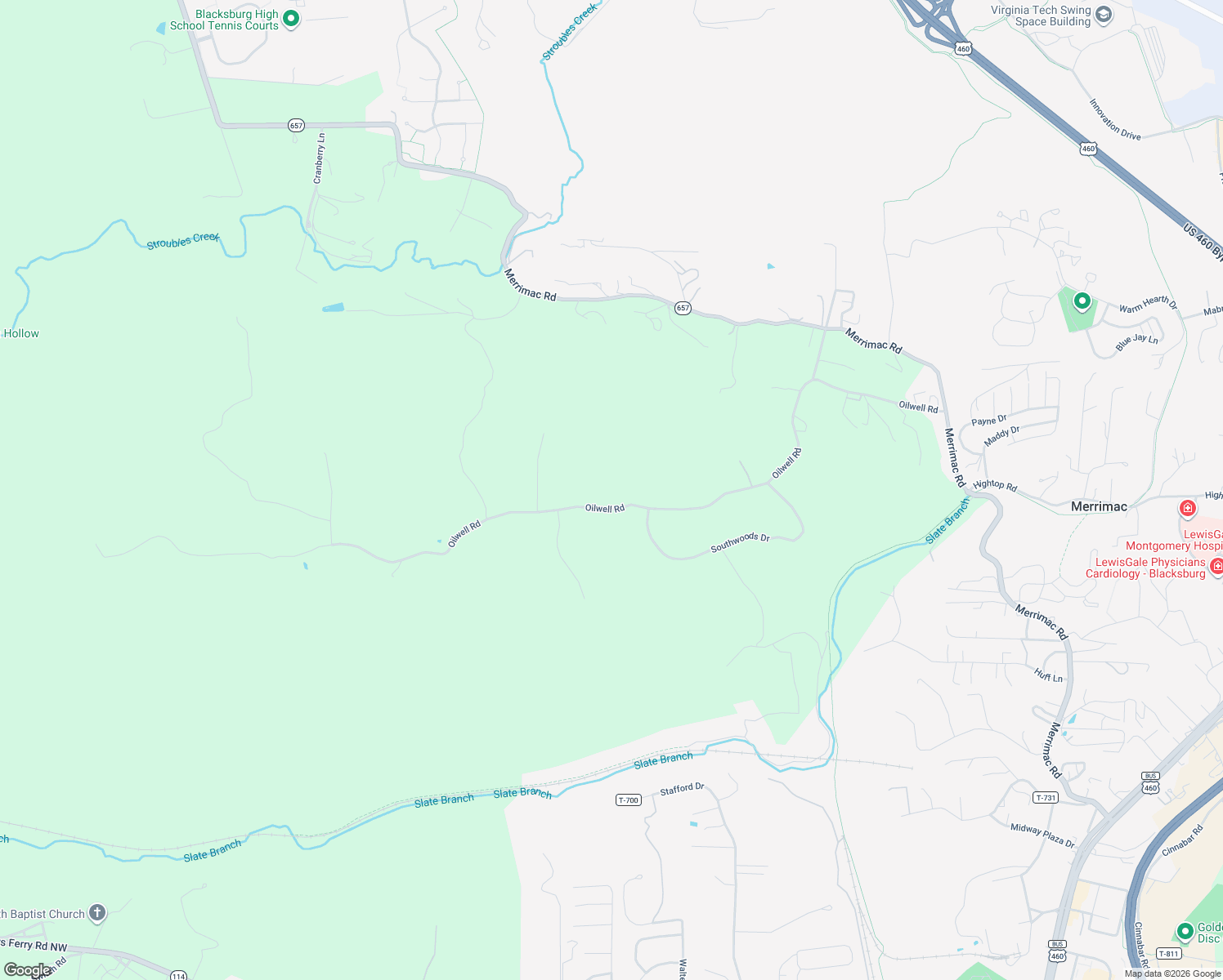 map of restaurants, bars, coffee shops, grocery stores, and more near 3530 Evergreen Trail in Blacksburg