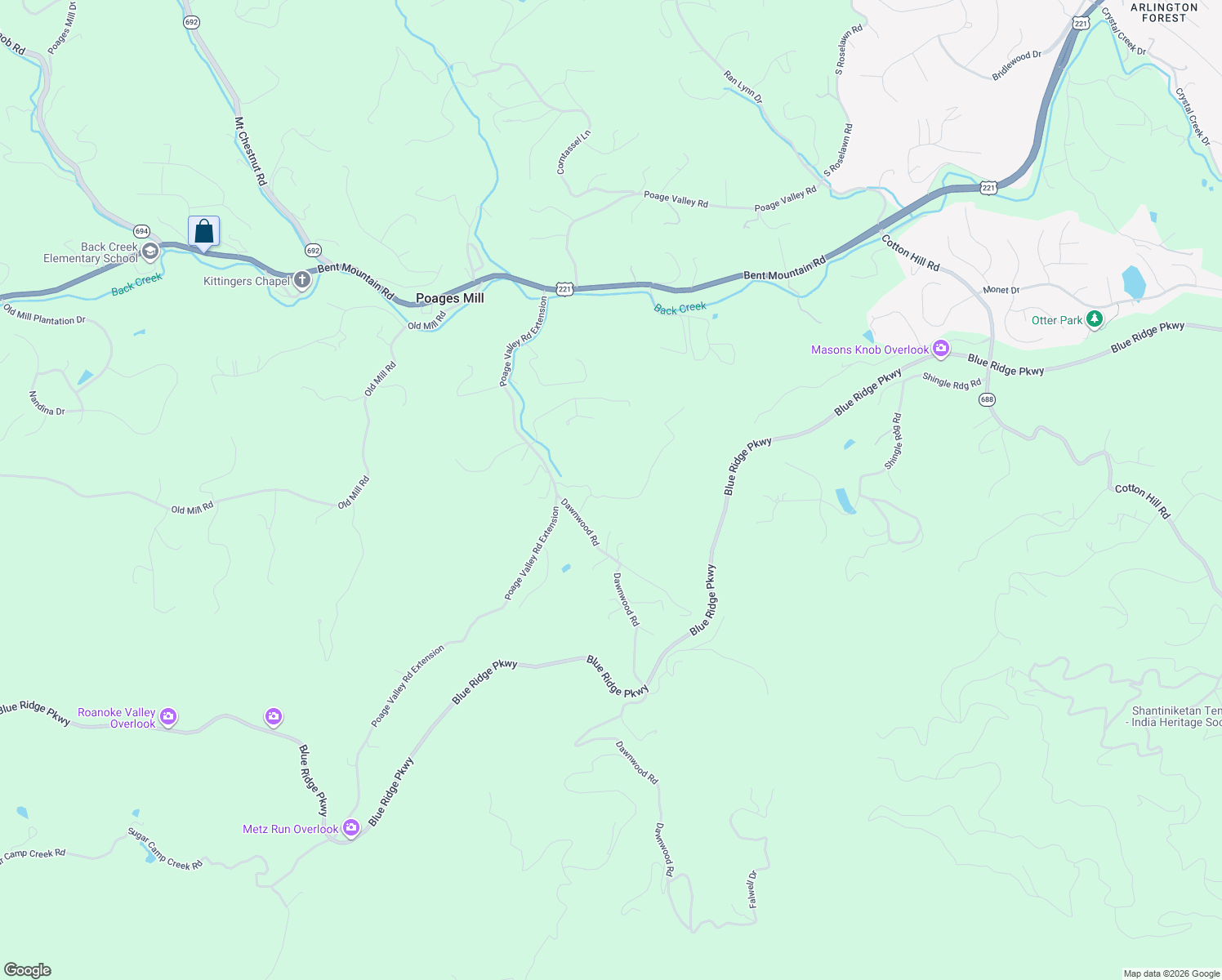 map of restaurants, bars, coffee shops, grocery stores, and more near 6742 Dawnwood Road in Roanoke