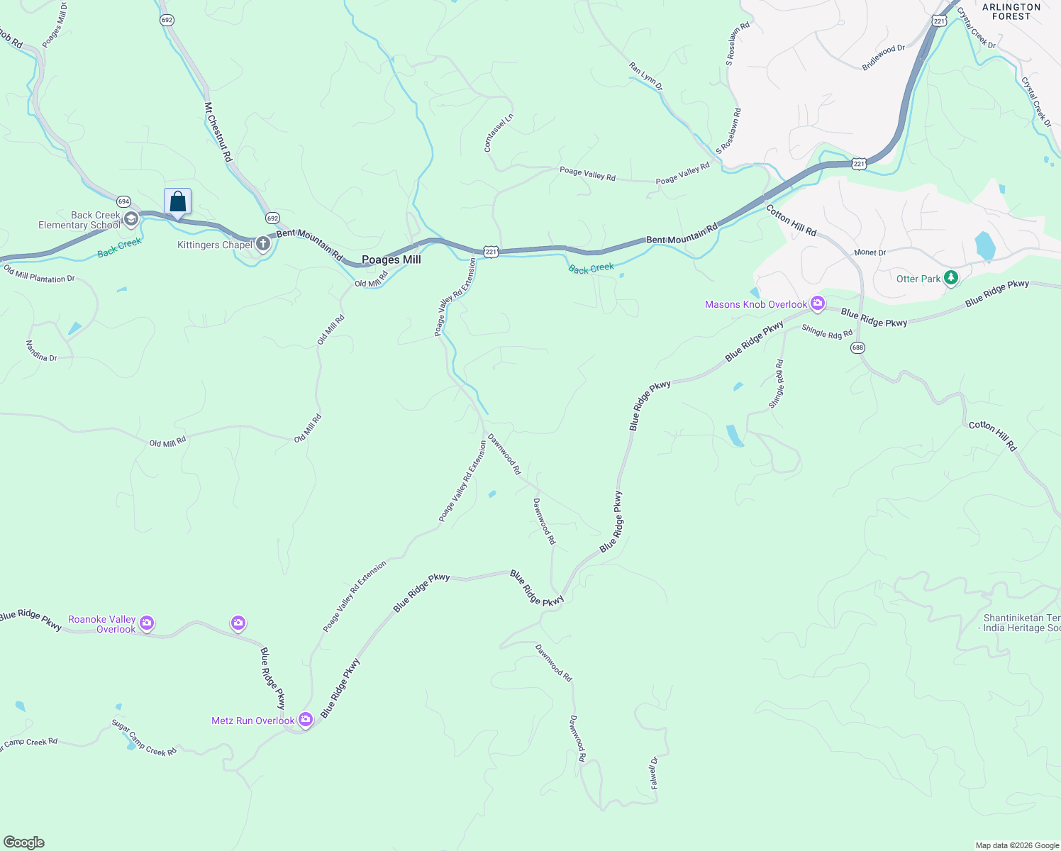 map of restaurants, bars, coffee shops, grocery stores, and more near 6742 Dawnwood Road in Roanoke