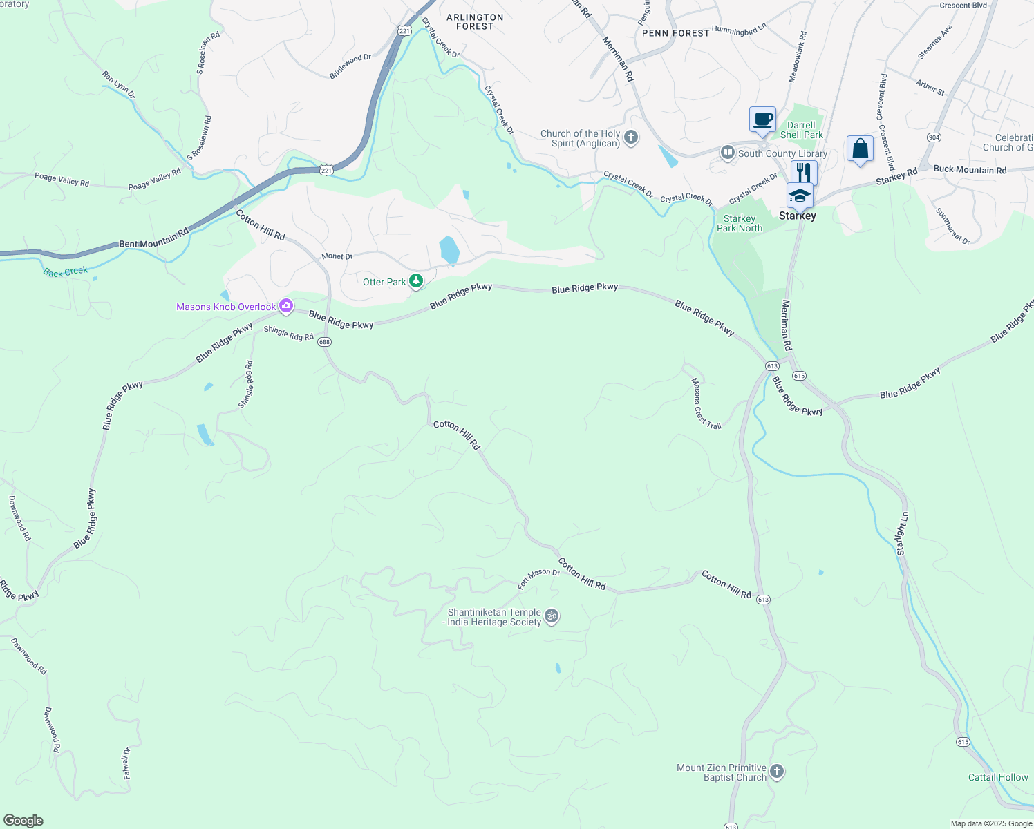 map of restaurants, bars, coffee shops, grocery stores, and more near 6858 Briar Ridge Circle in Roanoke