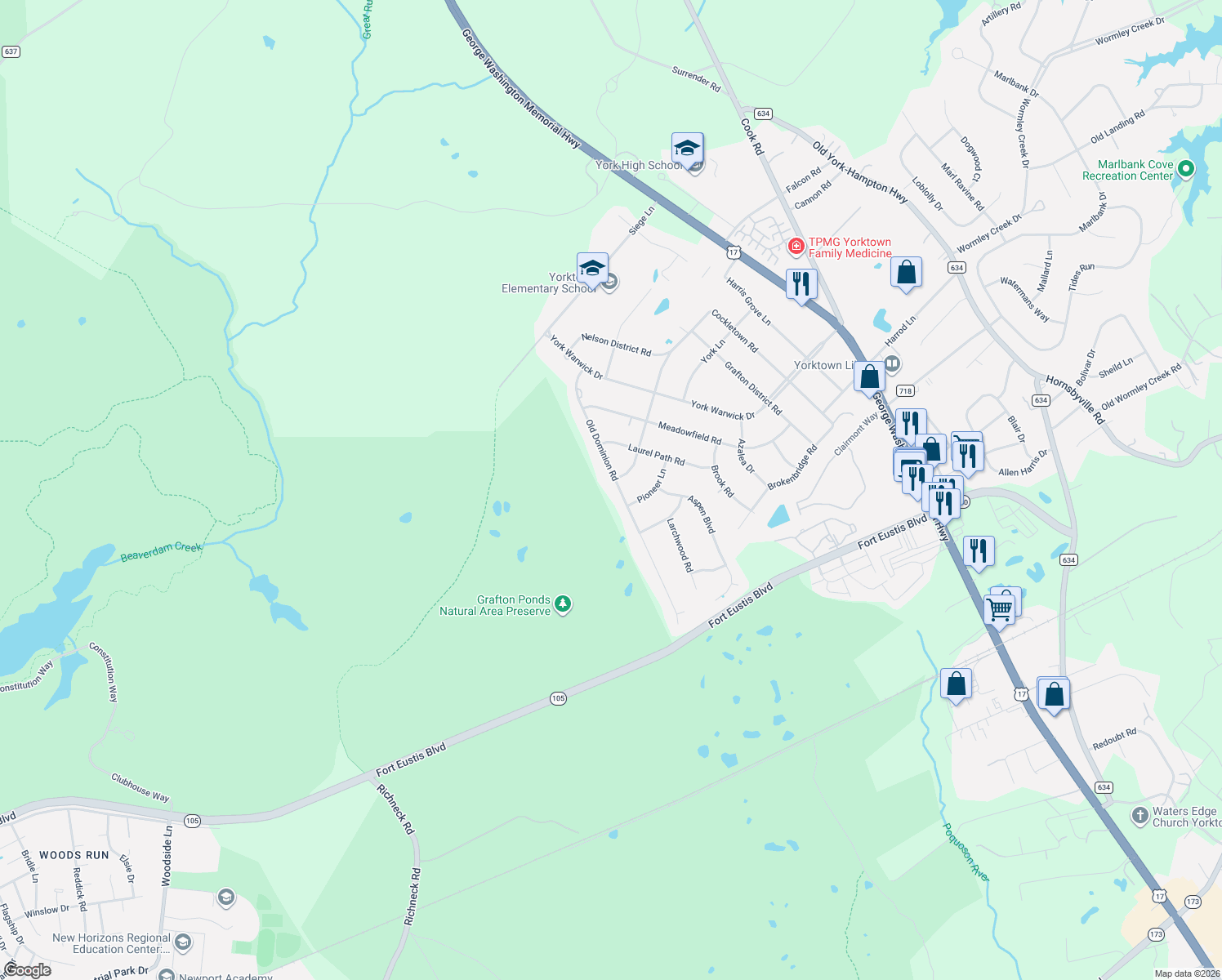 map of restaurants, bars, coffee shops, grocery stores, and more near 402 Old Dominion Rd in Yorktown