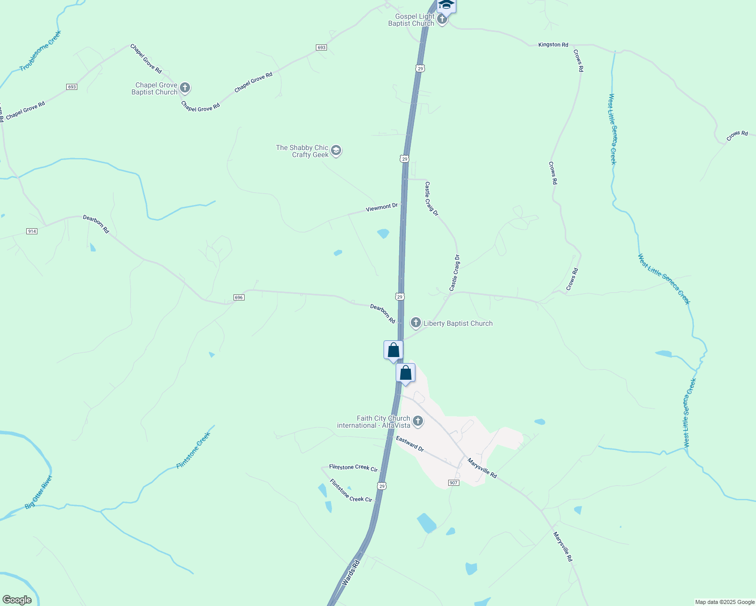 map of restaurants, bars, coffee shops, grocery stores, and more near 145 Dearborn Road in Evington