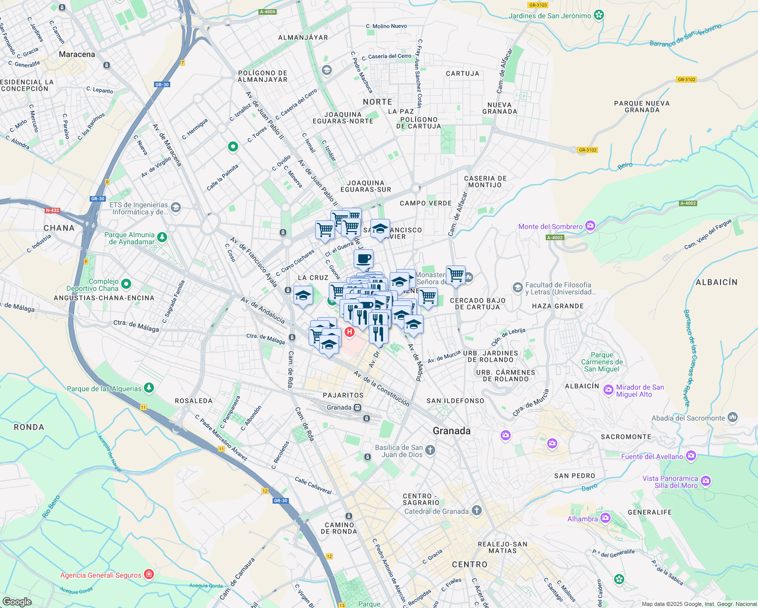map of restaurants, bars, coffee shops, grocery stores, and more near 41 Avenida de Madrid in Granada