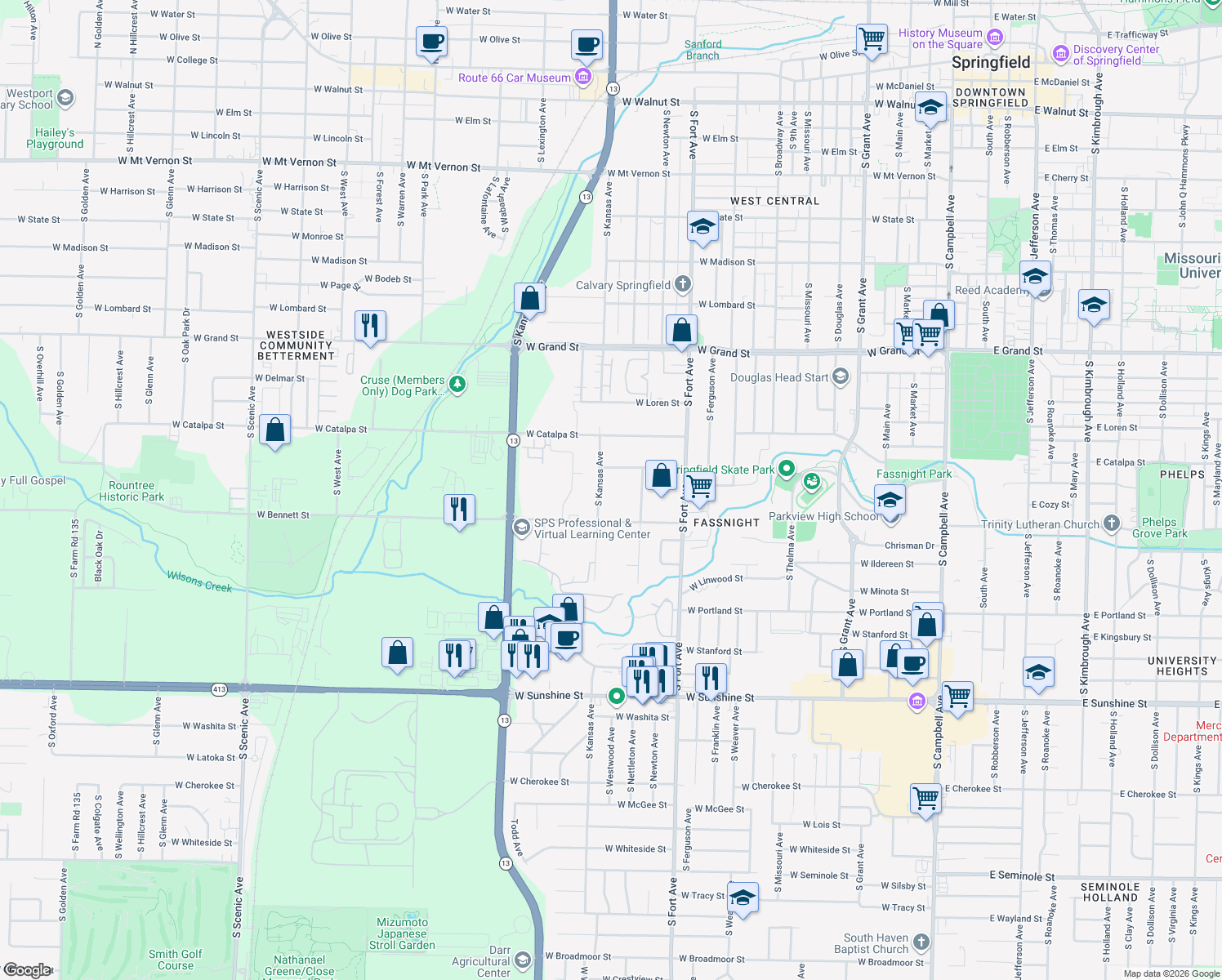 map of restaurants, bars, coffee shops, grocery stores, and more near 1506 West Meadowmere Street in Springfield