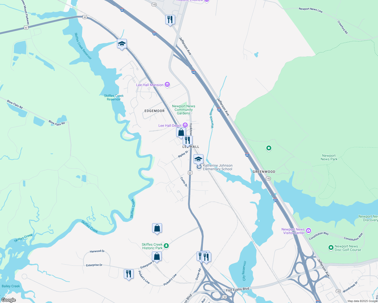 map of restaurants, bars, coffee shops, grocery stores, and more near 17385 Warwick Boulevard in Newport News