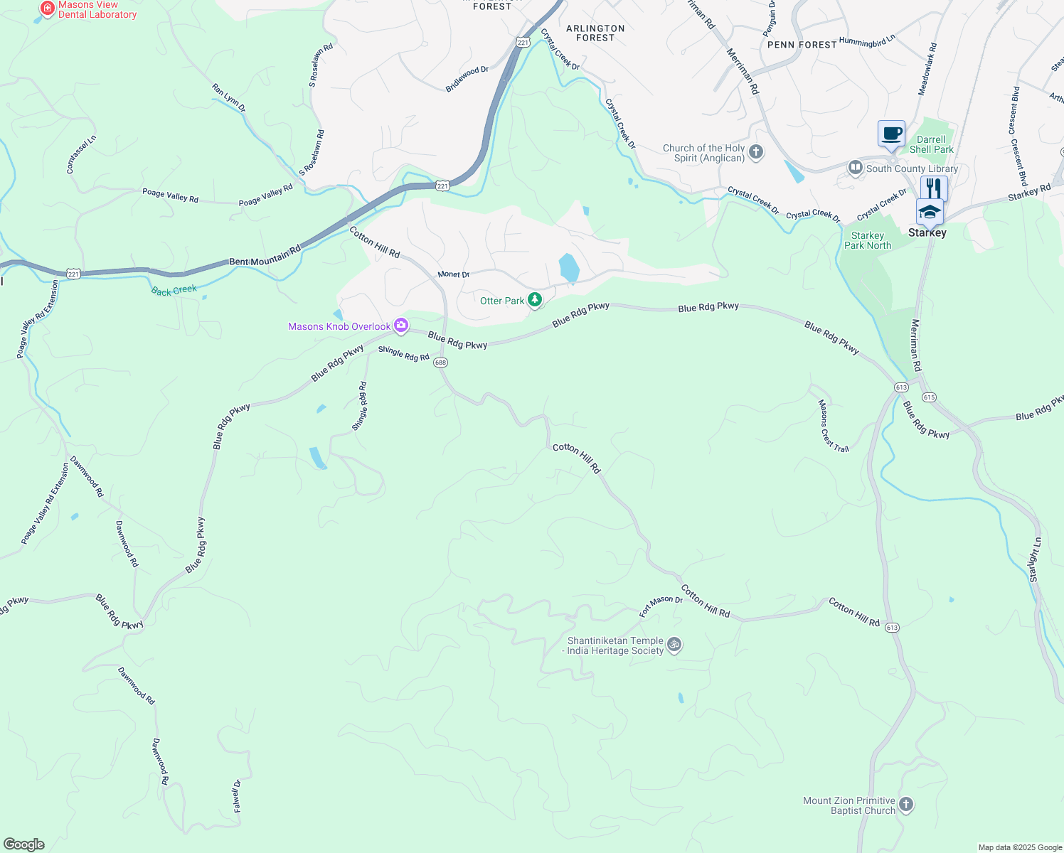 map of restaurants, bars, coffee shops, grocery stores, and more near 6317 Cotton Hill Rd in Roanoke