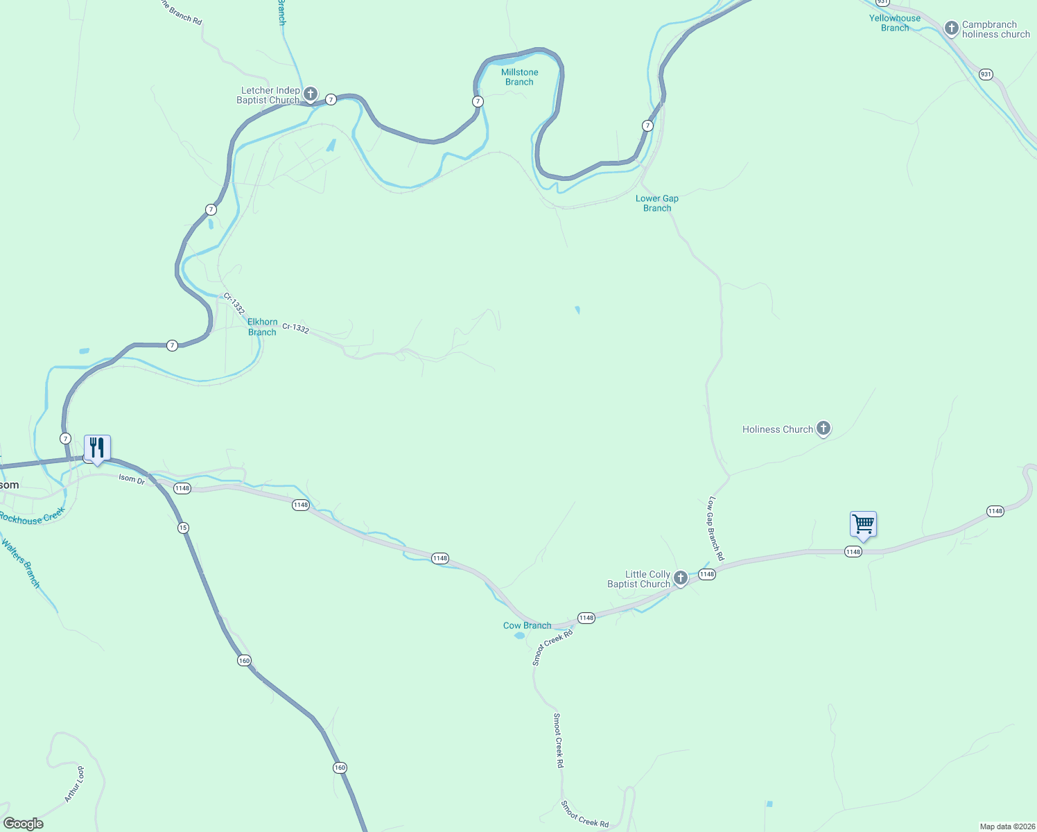map of restaurants, bars, coffee shops, grocery stores, and more near 1183 Race Track Hollow in Whitesburg