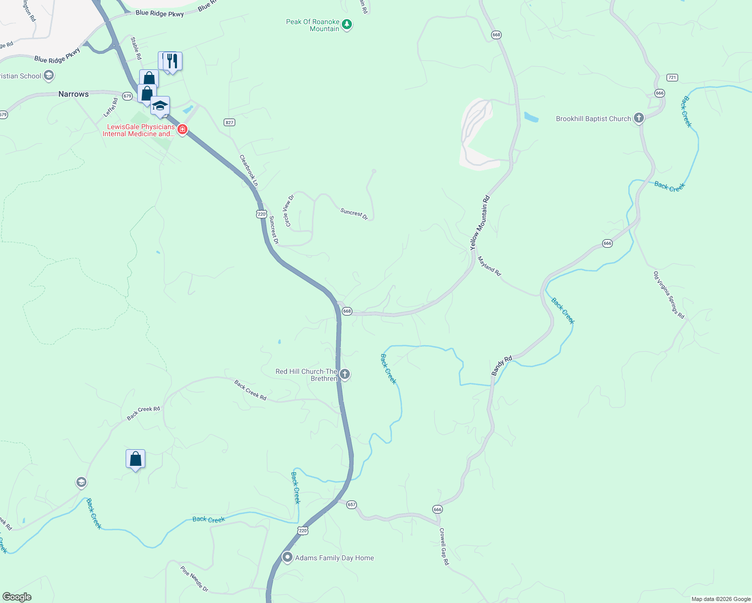 map of restaurants, bars, coffee shops, grocery stores, and more near 5625 Hillside Road in Roanoke
