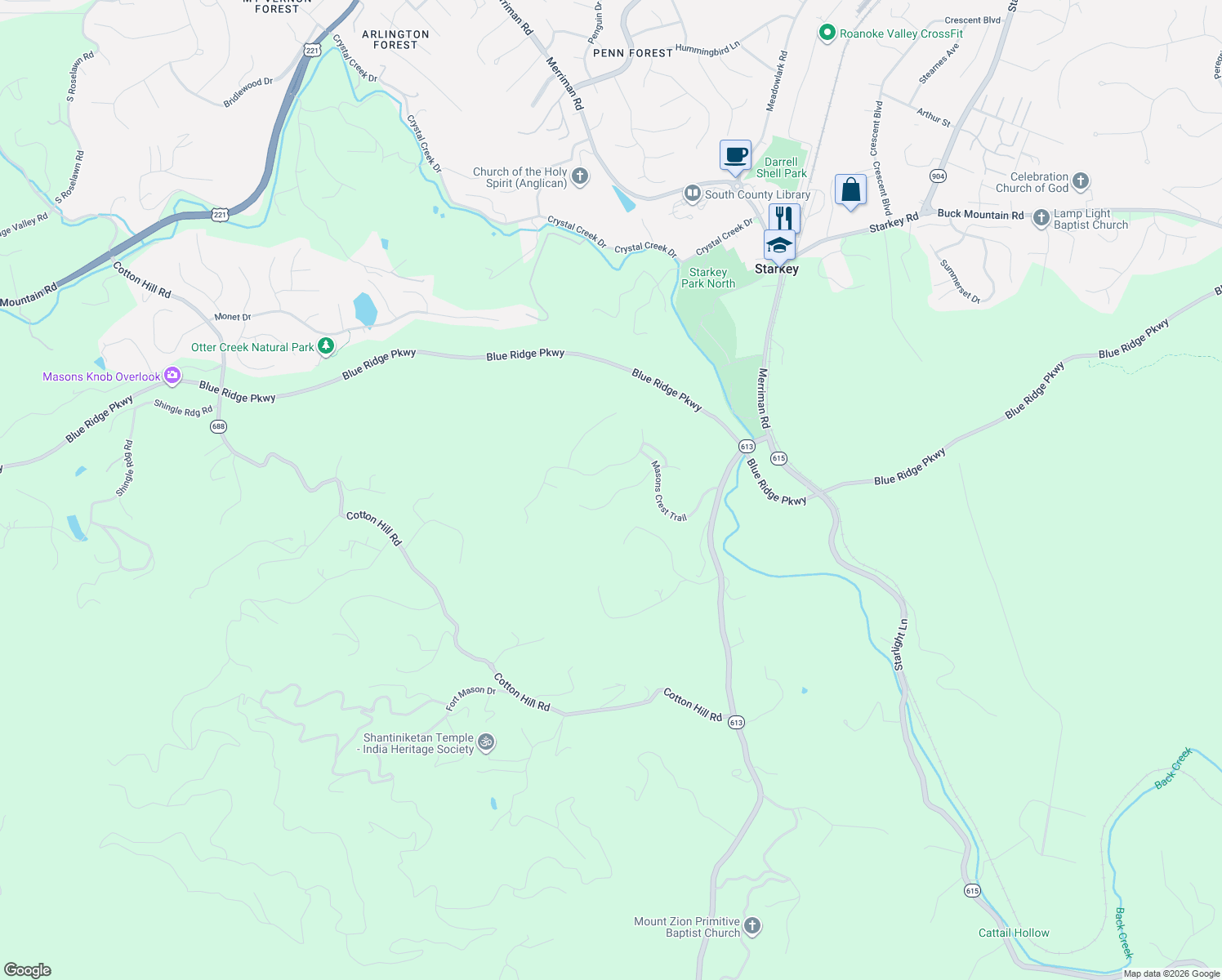 map of restaurants, bars, coffee shops, grocery stores, and more near 7044 Mountain Spring Trail in Roanoke