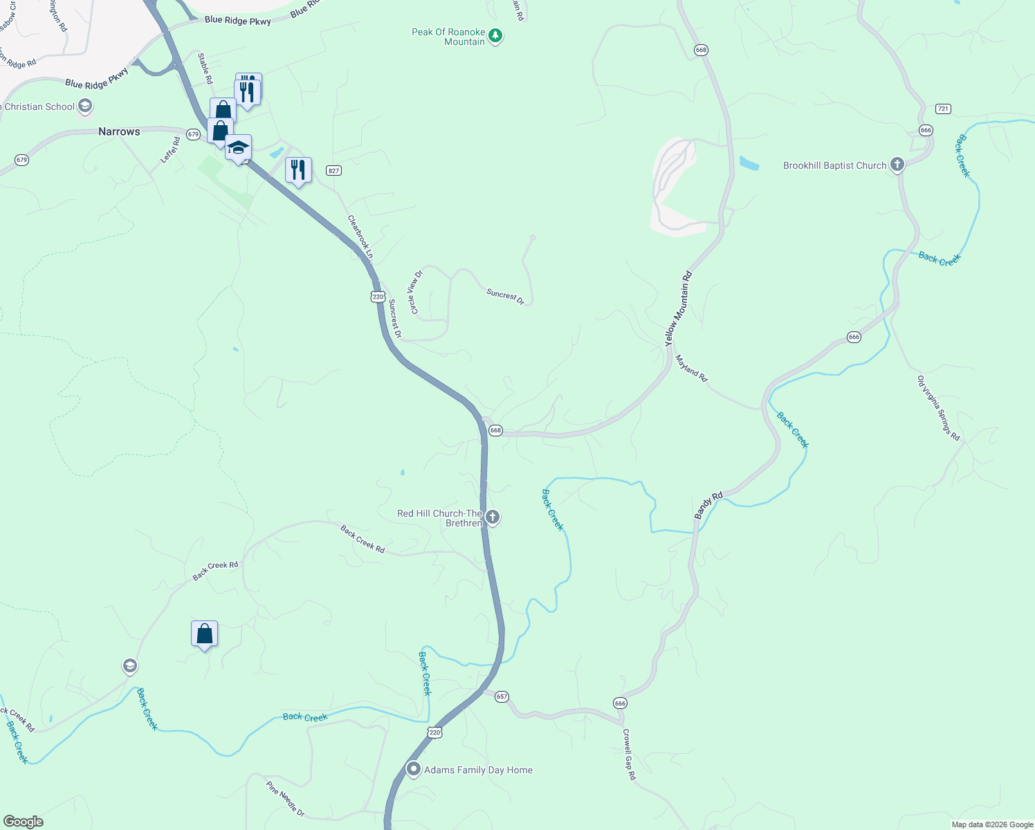 map of restaurants, bars, coffee shops, grocery stores, and more near 5625 Hillside Road in Roanoke