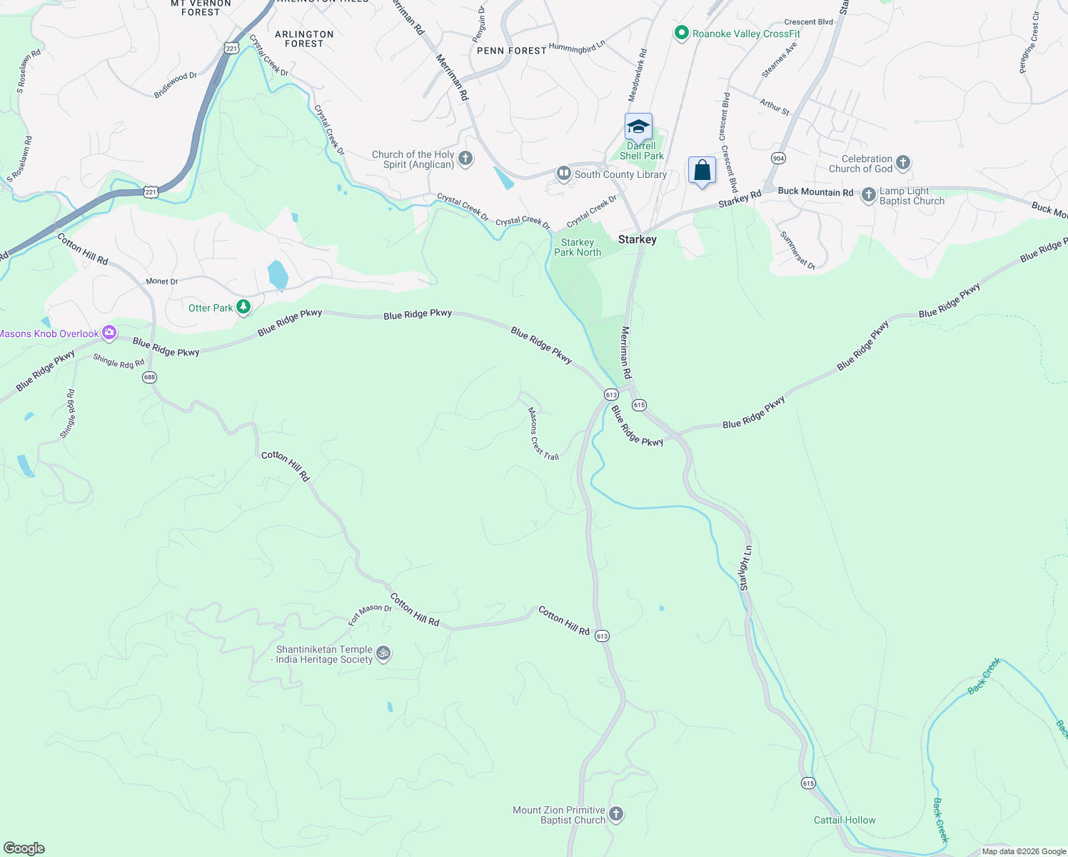 map of restaurants, bars, coffee shops, grocery stores, and more near Masons Crest Trail in Roanoke