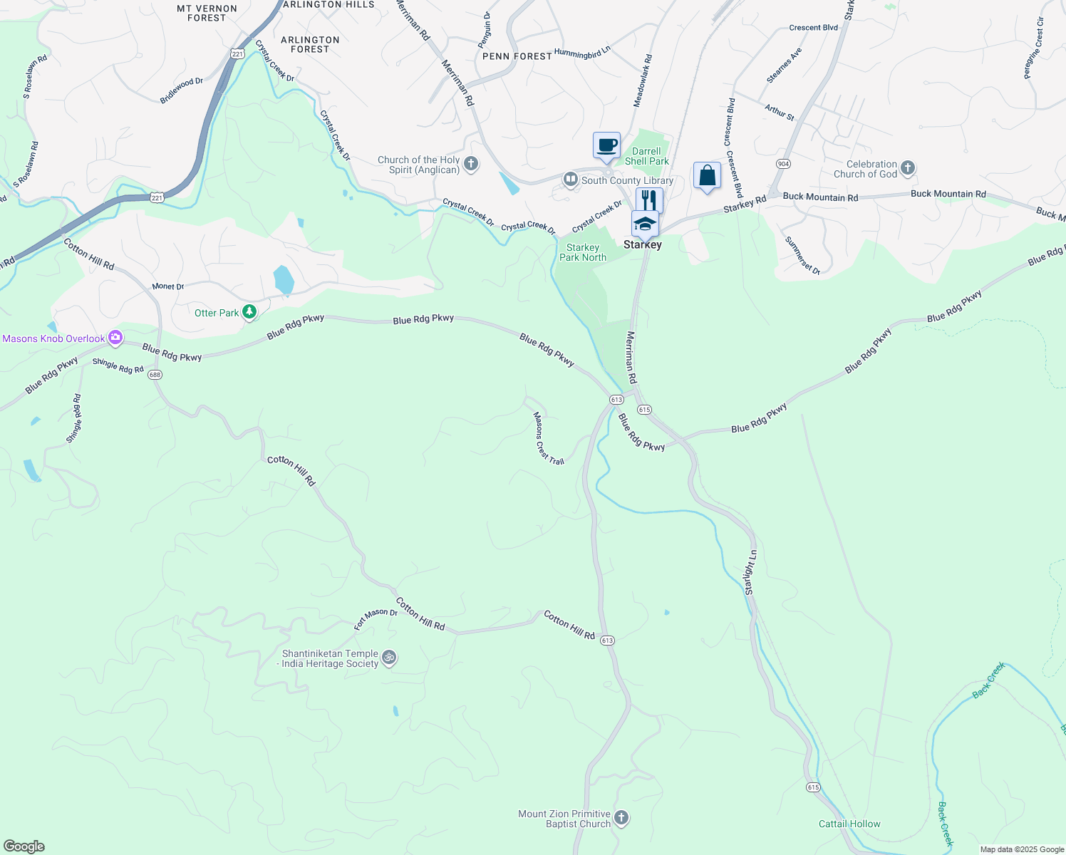 map of restaurants, bars, coffee shops, grocery stores, and more near 7016 Mountain Spring Trail in Roanoke